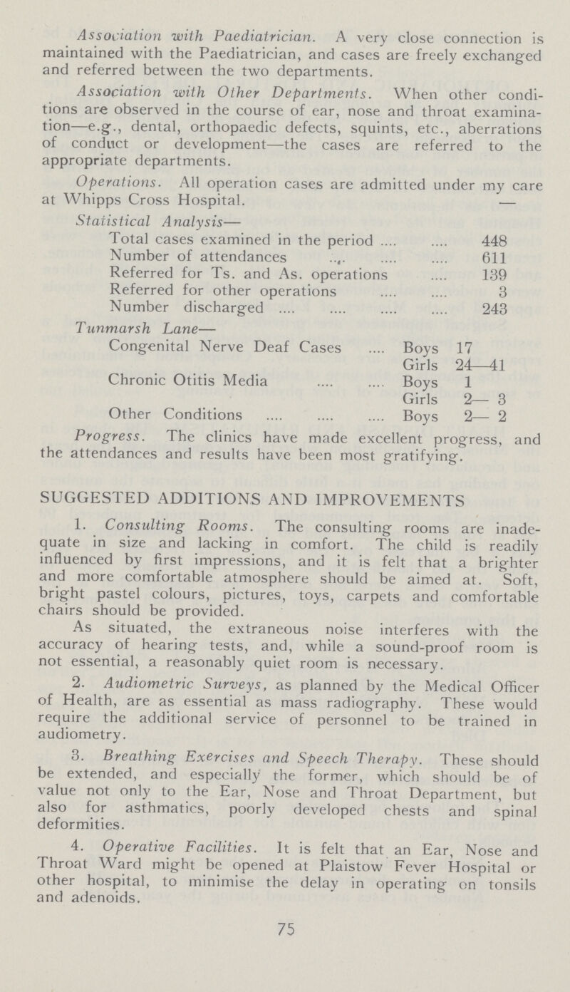 Association with Paediatrician. A very close connection is maintained with the Paediatrician, and cases are freely exchanged and referred between the two departments. Association with Other Departments. When other condi tions are observed in the course of ear, nose and throat examina tion—e.g., dental, orthopaedic defects, squints, etc., aberrations of conduct or development—the cases are referred to the appropriate departments. Operations. All operation cases are admitted under my care at Whipps Cross Hospital. — Statistical Analysis— Total cases examined in the period 448 Number of attendances 611 Referred for Ts. and As. operations 139 Referred for other operations 3 Number discharged 243 Tunmarsh Lane— Congenital Nerve Deaf Cases Boys 17 Girls 24—41 Chronic Otitis Media Boys 1 Girls 2— 3 Other Conditions Boys 2— 2 Progress. The clinics have made excellent progress, and the attendances and results have been most gratifying. SUGGESTED ADDITIONS AND IMPROVEMENTS 1. Consulting Rooms. The consulting rooms are inade quate in size and lacking in comfort. The child is readily influenced by first impressions, and it is felt that a brighter and more comfortable atmosphere should be aimed at. Soft, bright pastel colours, pictures, toys, carpets and comfortable chairs should be provided. As situated, the extraneous noise interferes with the accuracy of hearing tests, and, while a sound-proof room is not essential, a reasonably quiet room is necessary. 2. Audiometric Surveys, as planned by the Medical Officer of Health, are as essential as mass radiography. These would require the additional service of personnel to be trained in audiometry. 3. Breathing Exercises and Speech Therapy. These should be extended, and especially the former, which should be of value not only to the Ear, Nose and Throat Department, but also for asthmatics, poorly developed chests and spina! deformities. 4. Operative Facilities. It is felt that an Ear, Nose and Throat Ward might be opened at Plaistow Fever Hospital or other hospital, to minimise the delay in operating on tonsils and adenoids. 75