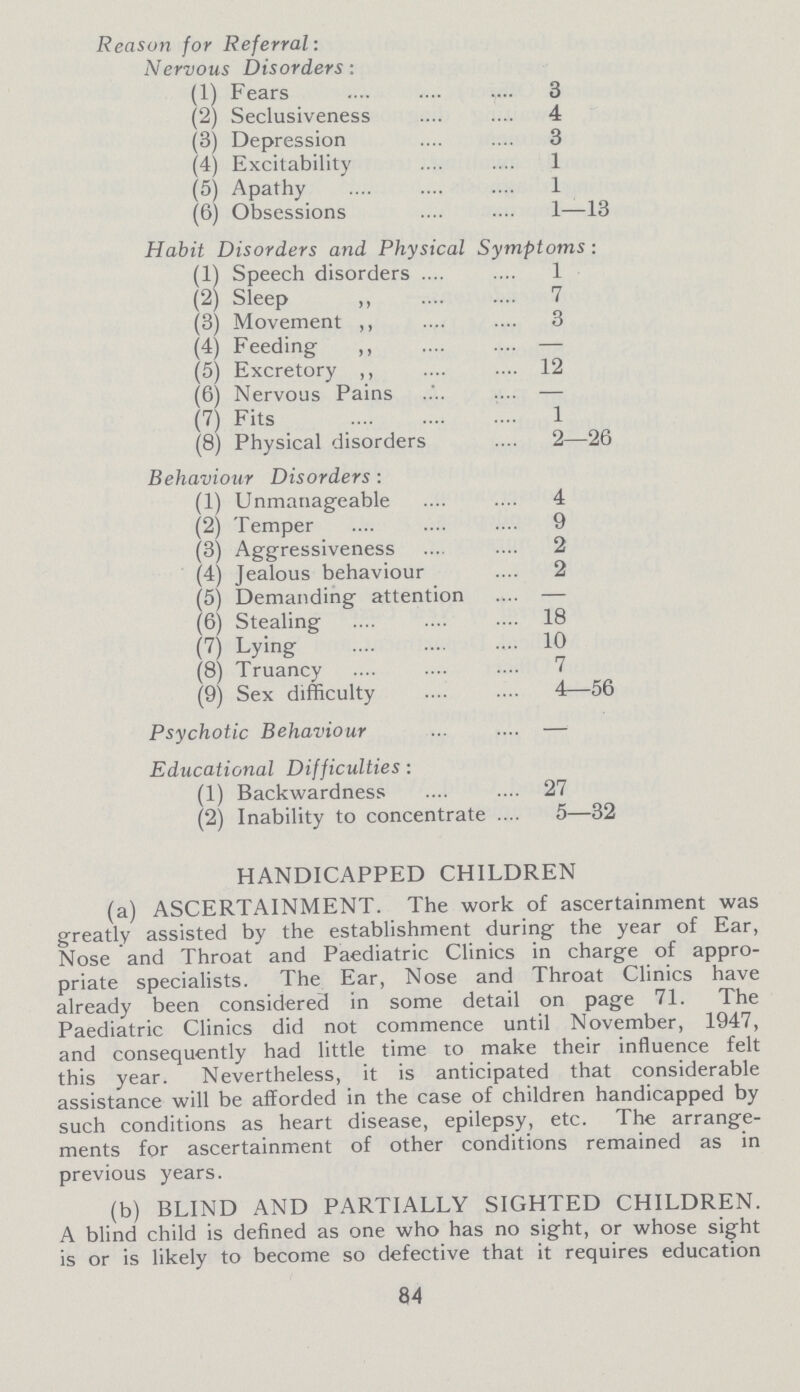 Reason for Referral: Nervous Disorders: (1) Fears 3 (2) Seclusiveness 4 (3) Depression 3 (4) Excitability 1 (5) Apathy 1 (6) Obsessions 1—13 Habit Disorders and Physical Symptoms: (1) Speech disorders 1 (2) Sleep ,, 7 (3) Movement ,, 3 (4) Feeding ,, - (5) Excretory ,, 12 (6) Nervous Pains - (7) Fits 1 (8) Physical disorders 2—26 Behaviour Disorders : (1) Unmanageable 4 (2) Temper 9 (3) Aggressiveness 2 (4) Jealous behaviour 2 (5) Demanding attention - (6) Stealing 18 (7) Lying 10 (8) Truancy 7 (9) Sex difficulty 4—56 Psychotic Behaviour - Educational Difficulties: (1) Backwardness 27 (2) Inability to concentrate 5—32 HANDICAPPED CHILDREN (a) ASCERTAINMENT. The work of ascertainment was greatly assisted by the establishment during the year of Ear, Nose and Throat and Paediatric Clinics in charge of appro priate specialists. The Ear, Nose and Throat Clinics have already been considered in some detail on page 71. The Paediatric Clinics did not commence until November, 1947, and consequently had little time to make their influence felt this year. Nevertheless, it is anticipated that considerable assistance will be afforded in the case of children handicapped by such conditions as heart disease, epilepsy, etc. The arrange ments for ascertainment of other conditions remained as in previous years. (b) BLIND AND PARTIALLY SIGHTED CHILDREN. A blind child is defined as one who has no sight, or whose sight is or is likely to become so defective that it requires education 84