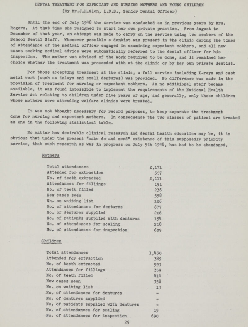 DENTAL TREATMENT FOR EXPECTANT AND NURSING MOTHERS AND YOUNG CHILDREN (By Mr.J®H.Glen, L.D.S., Senior Dental Officer) Until the end of July 1948 the service was conducted as in previous years by Mrs® Rogers. At that time she resigned to start her own private practice. From August to December of that year, an attempt was made to carry on the service using two members of the School Dental Staff. Whenever possible a dentist was present in the clinic during the times of attendance of the medical officer engaged in examining expectant mothers, and all new cases seeking medical advice were automatically referred to the dental officer for his inspection. The mother was advised of the work required to be done, and it remained her choice whether the treatment was proceeded with at the clinic or by her own private dentist. For those accepting treatment at the clinic, a full service including X-rays and cast metal work (such as inlays and small dentures) was provided. No difference was made in the provision of treatment for nursing or expectant mothers. As no additional staff became available, it was found impossible to implement the requirements of the National Health Service Act relating to children under five years of age, and generally, only those children whose mothers were attending welfare clinics were treated. It was not thought necessary for record purposes, to keep separate the treatment done for nursing and expectant mothers® In consequence the two classes of patient are treated as one in the following statistical table. No matter how desirable clinical research and dental health education may be, it is obvious that under the present ''make do and mend'' existence of this supposedly priority service, that such research as was In progress on July 5th 1948, has had to be abandoned. Mothers Total attendances 2 ,171 Attended for extraction 557 No® of teeth extracted 2,111 Attendances for fillings 191 No® of teeth filled 236 New cases seen 558 No® on waiting list 106 No® of attendances for dentures 677 No® of dentures supplied 206 No® of patients supplied with dentures 154 No® of attendances for scaling 218 No® of attendances for inspection 609 Children Total attendances 1,430 Attended for extraction 389 No® of teeth extracted 993 Attendances for fillings 359 No. of teeth filled 414 New cases seen 358 No® on waiting list 13 No® of attendances for dentures No® of dentures supplied No® of patients supplied with dentures - No® of attendances for scaling 19 No® of attendances for inspection 690 29