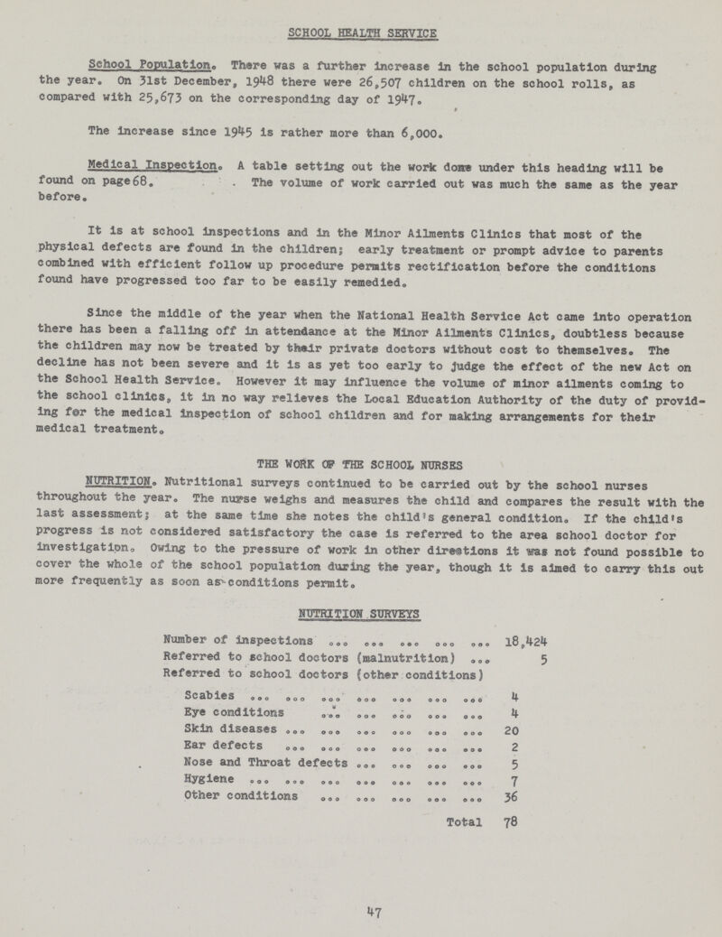 SCHOOL HEALTH SERVICE School Population® There was a further increase in the school population during the year® On 31st December, 1948 there were 26,507 children on the school rolls, as compared with 25,673 on the corresponding day of 1947. The increase since 1945 is rather more than 6,000. Medical Inspection. A table setting out the work done under this heading will be found on page 68. . The volume of work carried out was much the same as the year before. It is at school inspections and in the Minor Ailments Clinics that most of the physical defects are found in the children: early treatment or prompt advice to parents combined with efficient follow up procedure permits rectification before the conditions found have progressed too far to be easily remedied. Since the middle of the year when the National Health Service Act came into operation there has been a falling off in attendance at the Minor Ailments Clinics, doubtless because the children may now be treated by their private doctors without cost to themselves. The decline has not been severe and it is as yet too early to Judge the effect of the new Act on the School Health Service. However it may influence the volume of minor ailments coming to the school clinics, it in no way relieves the Local Education Authority of the duty of provid ing for the medical inspection of school children and for making arrangements for their medical treatment. THE WORK OP THE SCHOOL NURSES NUTRITION® Nutritional surveys continued to be carried out by the school nurses throughout the year® The nurse weighs and measures the child and compares the result with the last assessments at the same time she notes the child's general condition. If the child's progress is not considered satisfactory the case is referred to the area school doctor for investigatipn. Owing to the pressure of work in other directions it was not found possible to cover the whole of the school population during the year, though it is aimed to carry this out more frequently as soon as conditions permit. NUTRITION SURVEYS Number of inspections l8,424 Referred to school doctors (malnutrition) 5 Referred to school doctors (other conditions) Scabies 4 Eye conditions 4 Skin diseases 20 Ear defects 2 Nose and Throat defects 5 Hygiene 7 Other conditions 36 Total 78 47