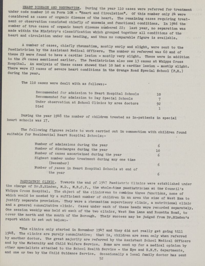 HEART DISEASE AND RHEUMATISM. During the year 110 cases were referred for treatment under code number 10 on Form 10M - Heart and Circulation. Of this number only 24 were considered as cases of organic disease of the heart. The remaining cases requiring treat ment or observation consisted chiefly of anaemia and functional conditions. In 1946 the number of true cases of organic heart disease numbered 22? last year, no separation was made within the Ministry's classification which grouped together all conditions of the heart and circulation under one heading, and thus no comparable figure is available. A number of cases, chiefly rheumatism, mostly early and slight, were sent to the Paediatrician by the Assistant Medical Officers. The number so referred was 60 and of these 29 were found to have a cardiac lesion - mostly very slight® These were in addition to the 24- cases mentioned earlier® The Paediatrician also saw 13 cases at Whipps Cross Hospital. An analysis of these cases showed that 10 had a cardiac lesion - mostly slight. There were 23 cases of severe heart conditions in the Grange Road Special School (P.H.) during the year. The 110 cases were dealt with as follows:- Recommended for admission to Heart Hospital Schools 10 Recommended for admission to Day Special Schools 7 Under observation at School Clinics by area doctors 92 Died l Duping the year 1948 the number of children treated as in-patients in special heart schools was 17. The following figures relate to work carried out in connection with children found suitable for Residential Heart Hospital Schools:- Number of admissions during the year 6 Number of discharges during the year 10 Number of cases ascertained during the year 6 Highest number under treatment during any one time (December) 6 Number of cases in Heart Hospital Schools at end of the year 6 PAEDIATR1C CLINIC® Towards the end pf 1947 Paediatric Clinics were established under the charge of Dr.E.Hinden, M.D., M.R.C.P., the whole-time paediatrician at the Council's Whipps Cross Hospital. The object of the clinics was to combine three functions, none of which would be needed by a sufficient number of children in an area the size of West Ham to justify separate provision. They were a rheumatism supervisory clinic9 a nutritional clinic and a general consultative clinic. Cases under each of these heads were recorded separately® One session weekly was held at each of the two clinics West Ham Lane and Rosetta Road, to cover the north and the south of the Borough® Their success may be judged from Dr0Hinden«s report which is set out below:- The clinics only started in November 1947 and they did not really get going till 1948. The clinics are purely consultative; that is, children are seen only when referred by another doctor. The great majority are referred by the Assistant School Medical Officers and by the Maternity and Child Welfare Service® Some are sent up for a medical opinion by other specialists attached to the School Health Service - the Eye and E.N.T. departments, and one or two by the Child Guidance Service® Occasionally a local family doctor has sent 52