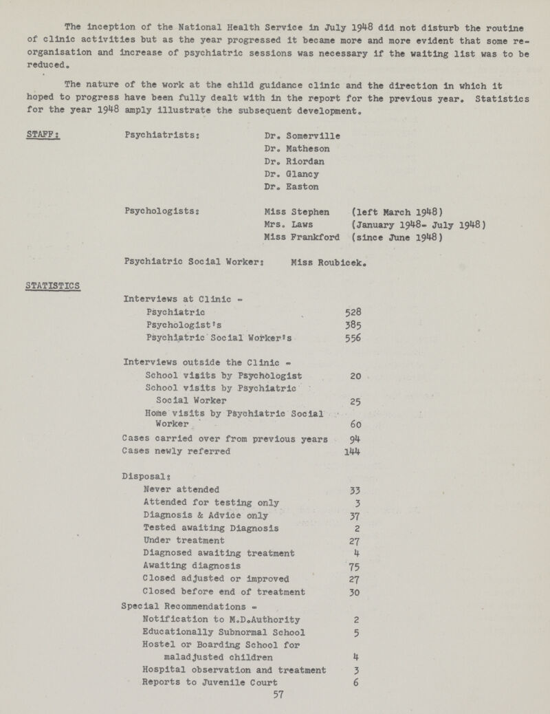 The Inception of the National Health Service in July 1948 did not disturb the routine of clinic activities but as the year progressed it became more and more evident that some re organisation and increase of psychiatric sessions was necessary if the waiting list was to be reduced. The nature of the work at the child guidance clinic and the direction in which it hoped to progress have been fully dealt with in the report for the previous year. Statistics for the year 1948 amply illustrate the subsequent development. STAFF: Psychiatrists: Dr. Somerville Dr. Matheson Dr. Riordan Dr. Glancy Dr. Easton Psychologists: Miss Stephen (left March 1948) Mrs. Laws (January 1948- July 194-8) Miss Frankford (since June 1948) Psychiatric Social Worker: Miss Roubicek. STATISTICS Interviews at Clinic - Psychiatric 528 Psychologist's 385 Psychiatric Social Worker's 556 Interviews outside the Clinic - School visits by Psychologist 20 School visits by Psychiatric Social Worker 25 Home visits by Psychiatric Social Worker 60 Cases carried over from previous years 94 Cases newly referred 144 Disposals Never attended 33 Attended for testing only 3 Diagnosis & Advice only 37 Tested awaiting Diagnosis 2 Under treatment 27 Diagnosed awaiting treatment 4 Awaiting diagnosis 75 Closed adjusted or improved 27 Closed before end of treatment 30 Special Recommendations - Notification to M.D.Authority 2 Educationally Subnormal School 5 Hostel or Boarding School for maladjusted children 4 Hospital observation and treatment 3 Reports to Juvenile Court 6 57