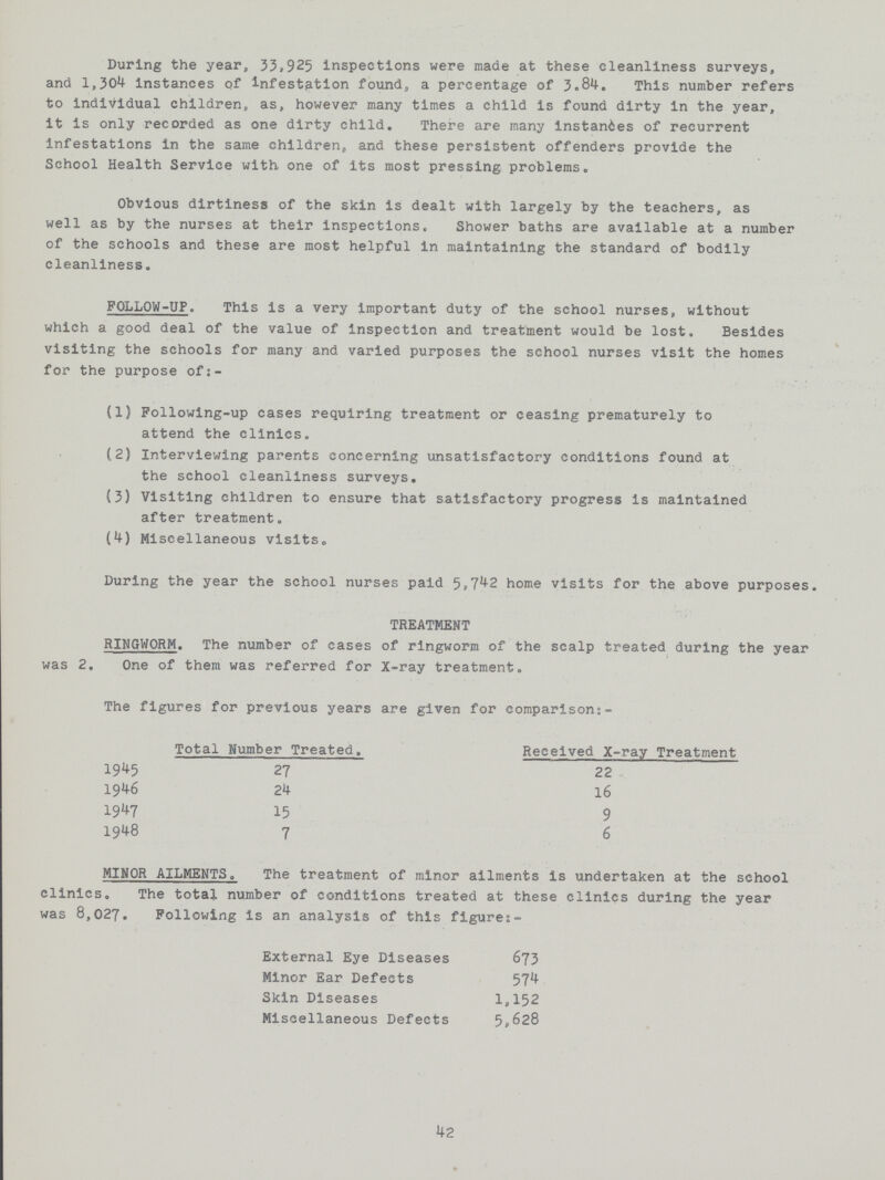 During the year, 33,925 inspections were made at these cleanliness surveys, and 1,304 instances of infestation found, a percentage of 3.84. This number refers to individual children, as, however many times a child is found dirty in the year, it is only recorded as one dirty child. There are many instan6es of recurrent infestations in the same children, and these persistent offenders provide the School Health Service with one of its most pressing problems. Obvious dirtiness of the skin is dealt with largely by the teachers, as well as by the nurses at their inspections. Shower baths are available at a number of the schools and these are most helpful in maintaining the standard of bodily cleanliness. FOLLOW-UP. This is a very important duty of the school nurses, without which a good deal of the value of inspection and treatment would be lost. Besides visiting the schools for many and varied purposes the school nurses visit the homes for the purpose of:- (1) Following-up cases requiring treatment or ceasing prematurely to attend the clinics. (2) Interviewing parents concerning unsatisfactory conditions found at the school cleanliness surveys, (3) Visiting children to ensure that satisfactory progress is maintained after treatment. (4) Miscellaneous visits® During the year the school nurses paid 5,742 home visits for the above purposes. TREATMENT RINGWORM. The number of cases of ringworm of the scalp treated during the year was 2. One of them was referred for X-ray treatment. The figures for previous years are given for comparison:- Total Number Treated. Received X-ray Treatment 1945 27 22 1946 24 16 1947 15 9 1948 7 6 MINOR AILMENTS. The treatment of minor ailments is undertaken at the school clinics. The total number of conditions treated at these clinics during the year was 8,027. Following is an analysis of this figures- External Eye Diseases 673 Minor Ear Defects 574 Skin Diseases 1,152 Miscellaneous Defects 5,628 42