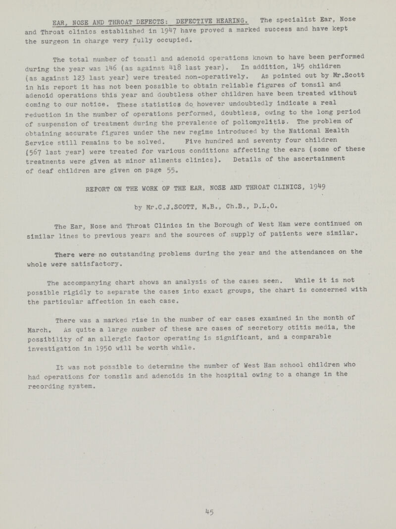 EAR, NOSE AND THROAT DEFECTS: DEFECTIVE HEARING. The specialist Ear, Nose and Throat clinics established in 1947 have proved a marked success and have kept the surgeon in charge very fully occupied. The total number of tonsil and adenoid operations known to have been performed during the year was 146 (as against 4l8 last year). In addition, 145 children (as against 123 last year) were treated non-operatively. As pointed out by Mr.Scott in his report it has not been possible to obtain reliable figures of tonsil and adenoid operations this year and doubtless other children have been treated without coming to our notice. These statistics do however undoubtedly indicate a real reduction in the number of operations performed, doubtless, owing to the long period of suspension of treatment during the prevalence of poliomyelitis. The problem of obtaining accurate figures under the new regime introduced by the National Health Service still remains to be solved,, Five hundred and seventy four children (567 last year) were treated for various conditions affecting the ears (some of these treatments were given at minor ailments clinics). Details of the ascertainment of deaf children are given on page 55. REPORT ON THE WORK OF THE EAR, NOSE AND THROAT CLINICS, 1949 by Mr.C.J.SCOTT, M.B„, Ch.Bo, D.L.O. The Ear, Nose and Throat Clinics in the Borough of West Ham were continued on similar lines to previous years and the sources of supply of patients were similar. There were no outstanding problems during the year and the attendances on the whole were satisfactory. The accompanying chart shows an analysis of the cases seen. While it is not possible rigidly to separate the cases into exact groups, the chart is concerned with the particular affection in each case. There was a marked rise in the number of ear cases examined in the month of March. As quite a large number of these are cases of secretory otitis media, the possibility of an allergic factor operating is significant, and a comparable investigation in 1950 will be worth while. It was not possible to determine the number of West Ham school children who had operations for tonsils and adenoids in the hospital owing to a change in the recording system. 45