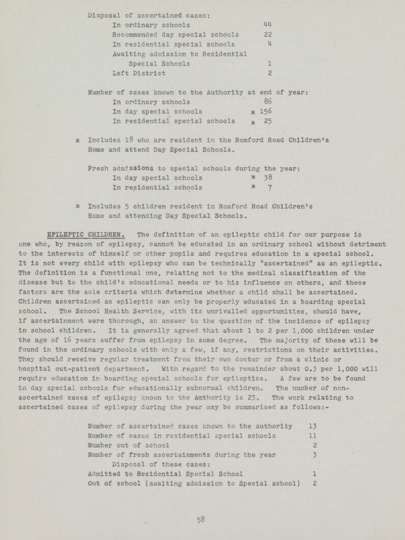 Disposal of ascertained cases: In ordinary schools 44 Recommended day special schools 22 In residential special schools 4 Awaiting admission to Residential Special Schools 1 Left District 2 Number of cases known to the Authority at end of year: In ordinary schools 86 In day special schools * 156 In residential special schools * 25 * Includes 18 who are resident in the Romford Road Children's Home and attend Day Special Schools. Fresh admissions to special schools during the year: In day special schools * 38 In residential schools * 7 * Includes 5 children resident in Romford Road Children's Home and attending Day Special Schools. EPILEPTIC CHILDREN. The definition of an epileptic child for our purpose is one who, by reason of epilepsy, cannot be educated in an ordinary school without detriment to the interests of himself or other pupils and requires education in a special school. It is not every child with epilepsy who can be technically ascertained as an epileptic. The definition is a functional one, relating not to the medical classification of the disease but to the child's educational needs or to his influence on others, and these factors are the sole criteria which determine whether a child shall be ascertained. Children ascertained as epileptic can only be properly educated in a boarding special school. The School Health Service, with its unrivalled opportunities, should have, if ascertainment were thorough, an answer to the question of the incidence of epilepsy in school children. It is generally agreed that about 1 to 2 per 1,000 children under the age of 16 years suffer from epilepsy in some degree. The majority of these will be found in the ordinary schools with only a few, if any, restrictions on their activities. They should receive regular treatment from their own doctor or from a clinic or hospital out-patient department. With regard to the remainder about 0.3 per 1,000 will require education in boarding special schools for epileptics. A few are to be found in day special schools for educationally subnormal children. The number of non ascertained cases of epilepsy known to the Authority is 23. The work relating to ascertained cases of epilepsy during the year may be summarised as follows:- Number of ascertained cases known to the Authority 13 Number of cases in residential special schools 11 Number out of school 2 Number of fresh ascertainments during the year 3 Disposal of these cases: Admitted to Residential Special School 1 Out of school (awaiting admission to Special school) 2 58