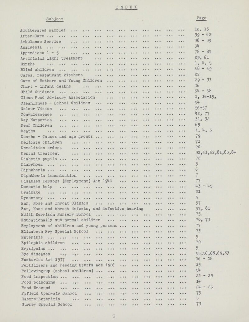 INDEX Subject Page Adulterated samples 12,13 After-Care 39- 42 Ambulance Service 38-39 Analgesia 34 Appendices 1-5 78-84 Artificial light treatment 29,61 Births 1,4,5 Blind children 68-69 Cafes, restaurant kitchens 22 Care of Mothers and Young Children 29-33 Chart - infant deaths 36 Child Guidance 64-68 Clean Pood Advisory Association 1,14-15, Cleanliness - School Children 54 Colour Vision 56-57 Convalescence 42,77 Day Nurseries 31,32 Deaf Children 69 Deaths 1,4,5 Deaths - Causes and age groups 79 Delicate children 71 Demolition orders 20 Dental treatment 32,61,62,81,83,84 Diabetic pupils 72 Diarrhoea 5 Diphtheria 6 Diphtheria immunisation 7 Disabled Persons (Employment) Act 1944 77 Domestic help 43-45 Drainage 21 Dysentery 5 Ear, Nose and Throat Clinics 57 Ear, Nose and throat defects, and defective hearing 57,8l Edith Kerrison Nursery School 75 Educationally sub-normal children 70,73 Employment of children and young persons 77 Elizabeth Fry Special School 73 Enteritis 5 Epileptic children 70 Erysipelas 5 Eye diseases 55,56,68,69,83 Factories Act 1937 16-18 Fertilisers and Feeding Stuffs Act 1926 15 Following-up (school children) 54 Food inspection 22-23 Food poisoning 14 Food Unsound 24-25 Fyfield Open-air School 75 Gastro-Enteritis 5 Gurney Special School 73 I