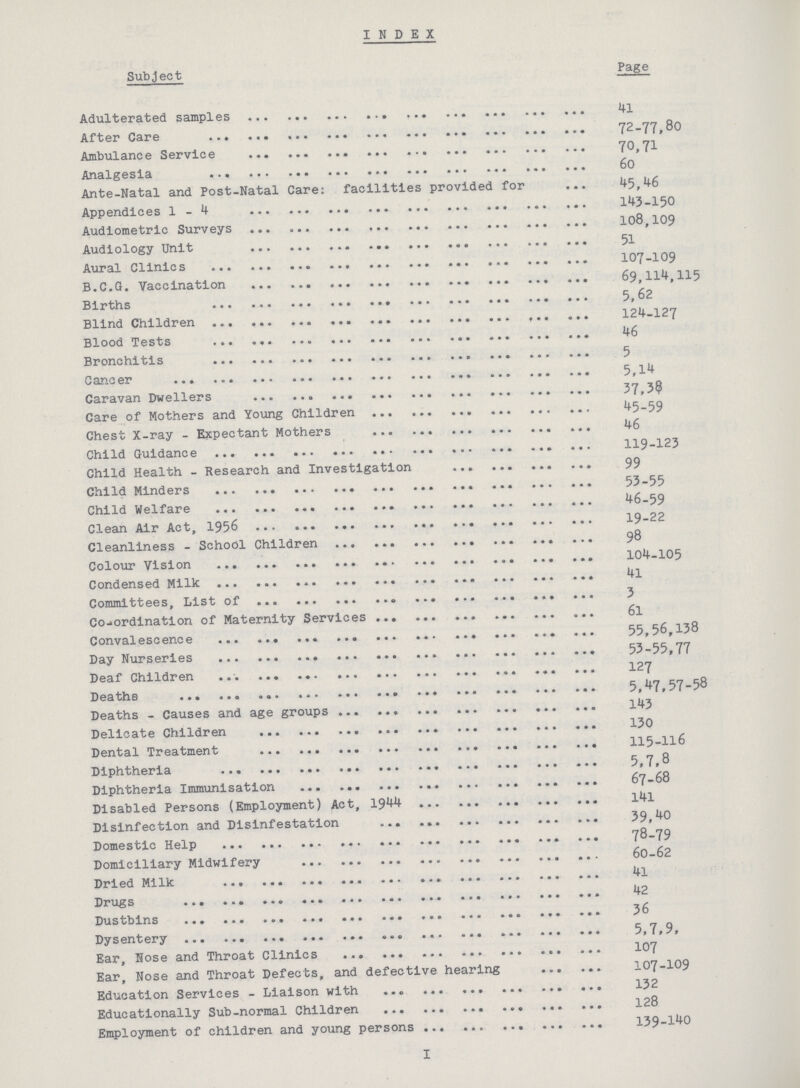 I INDEX Subject Page Adulterated samples 41 After Care 2-77,80 Ambulance Service 70,71 Analgesia 60 Ante-Natal and Post-Natal Care: facilities provided for 45,46 Appendices 1-4 143-150 Audiometric Surveys 108,109 Audiology Unit 51 Aural Clinics 107-109 B.C.G. Vaccination 69,114,115 Births 5,62 Blind Children 124-127 Blood Tests 46 Bronchitis 5 Cancer 5,14 Caravan Dwellers 37,3? Care of Mothers and Young Children 45-59 Chest X-ray - Expectant Mothers 46 Child Guidance 119-123 Child Health - Research and Investigation 99 Child Minders 53-55 Child Welfare 46-59 Clean Air Act, 1956 19-22 Cleanliness - School Children 98 Colour Vision 104-105 Condensed Milk 41 Committees, List of 3 Co-ordination of Maternity Services 6l Convalescence 55,56,138 Day Nurseries 53-55,77 Deaf Children 127 Deaths 5,47,57-58 Deaths - Causes and age groups 143 Delicate Children 130 Dental Treatment 115-116 Diphtheria 5,7,8 Diphtheria Immunisation 67-68 Disabled Persons (Employment) Act, 1944 141 Disinfection and Disinfestation 39,40 Domestic Help 78-79 Domiciliary Midwifery 60-62 Dried Milk 41 Drugs 42 Dustbins 36 Dysentery 5,7,9, Ear, Nose and Throat Clinics 107 Ear, Nose and Throat Defects, and defective hearing 107-109 Education Services - Liaison with 132 Educationally Sub-normal Children 128 Employment of children and young persons 139-140