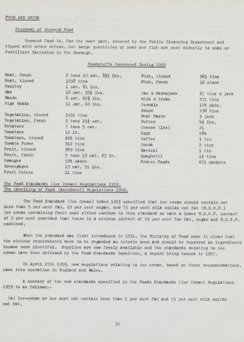 FOOD AND DRUGS Disposal of Unsound Pood Unsound food is, for the most part, removed by the Public Cleansing Department and tipped with other refuse, but large quantities of meat and fish are sent directly to soap or fertiliser factories in the Borough. Foodstuffs Condemned During 1959 Meat, fresh 2 tons 10 awt. 83½ lbs. Fish, tinned 365 tins Meat, tinned 1298 tins Fish, fresh l6 stone Poultry 1 cwt. 8l lbs. Ham 18 cwt. 93¼ lbs. Jam & Marmalade 67 tins & jars Bacon 6 cwt. 62½ lbs. Milk & Cream 271 tins Pigs Heads 11 cwt. 60 lbs. Cereals 124 pkts. Soups 238 tins Vegetables, tinned 1031 tins Meat Paste 9 jars Vegetables, fresh 3 tons 15½ cwt. Butter 4½ lbs. Potatoes 7 tons 5 cwt. Cheese (lbs) 21 Tomatoes 12 lb. Eggs 284 Tomatoes, tinne d 626 tins Coffee 1 tin Tomato Puree 312 tins Cocoa 2 tins Fruit, tinned 949 tins Ravioli 1 tin Fruit, fresh 5 tons 13 cwt. 23 lb. Spaghetti 13 tins Oranges 534 cases Frozen Foods 671 packets Greengages 13 cwt. 51 lbs. Fruit Juices 11 tins The Pood Standards (Ice Cream) Regulations 1959. The Labelling of Pood (Amendment) Regulations 1959. The Pood Standard (Ice Cream) Order 1953 specified that ioe cream should contain not less than 5 per cent fat, 10 per cent sugar, and 7^ per cent milk solids not fat (M.S.N.F.) Ice cream containing fruit must either conform to this standard or have a lower M.S.N.F. contact of 2 per cent provided that there is a minimum content of 25 per cent for fat, sugar and M.S.N.F. combined. When the standard was first introduced in 1951. the Ministry of Food made it clear that the minimum requirements were to be regarded as interim ones and should be improved as ingredients became more plentiful. Supplies are now freely available and the standards relating to ice cream have been reviewed by the Food Standards Committee, a report being issued in 1957* On April 27th 1959* new regulations relating to ice cream, based on these recommendations, came into operation in England and Wales. A summary of the new standards specified in the Foods Standards (Ice Cream) Regulations 1959 is as follows:- (a) Ice-cream or ice must not contain less than 5 per cent fat and 7½ per cent milk solids not fat. 32