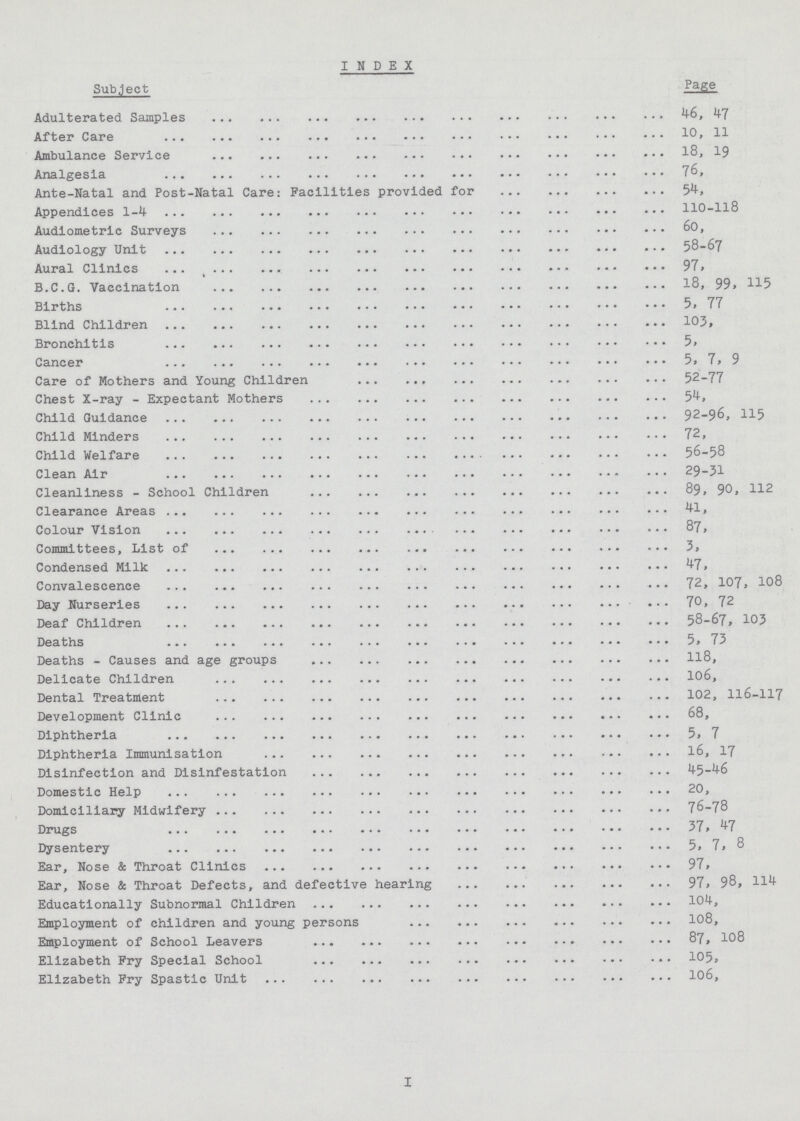 INDEX Subject Page Adulterated Samples 46, 47 After Care 10, 11 Ambulance Service 18, 19 Analgesia 76, Ante-Natal and Post-Natal Care: Facilities provided for 54, Appendices 1-4 110-118 Audiometric Surveys 60, Audiology Unit 58-67 Aural Clinics 97, B.C.G. Vaccination 18, 99, 115 Births 5, 77 Blind Children 103, Bronchitis 5, Cancer 5, 7, 9 Care of Mothers and Young Children 52-77 Chest X-ray - Expectant Mothers 54, Child Guidance 92-96, 115 Child Minders 72, Child Welfare 56-58 Clean Air 29-31 Cleanliness - School Children 89, 90, 112 Clearance Areas 41, Colour Vision 87, Committees, List of 3, Condensed Milk 47, Convalescence 72, 107, 108 Day Nurseries 70, 72 Deaf Children 58-67, 103 Deaths 5, 73 Deaths - Causes and age groups 118, Delicate Children 106, Dental Treatment 102, 116-117 Development Clinic 68, Diphtheria 5, 7 Diphtheria Immunisation 16, 17 Disinfection and Disinfestation 45-46 Domestic Help 20, Domiciliary Midwifery 76-78 Drugs 37, 47 Dysentery 5, 7, 8 Ear, Nose & Throat Clinics 97, Ear, Nose & Throat Defects, and defective hearing 97, 98, 114 Educationally Subnormal Children 104, Employment of children and young persons 108, Employment of School Leavers 87, 108 Elizabeth Pry Special School 105, Elizabeth Pry Spastic Unit 106, I