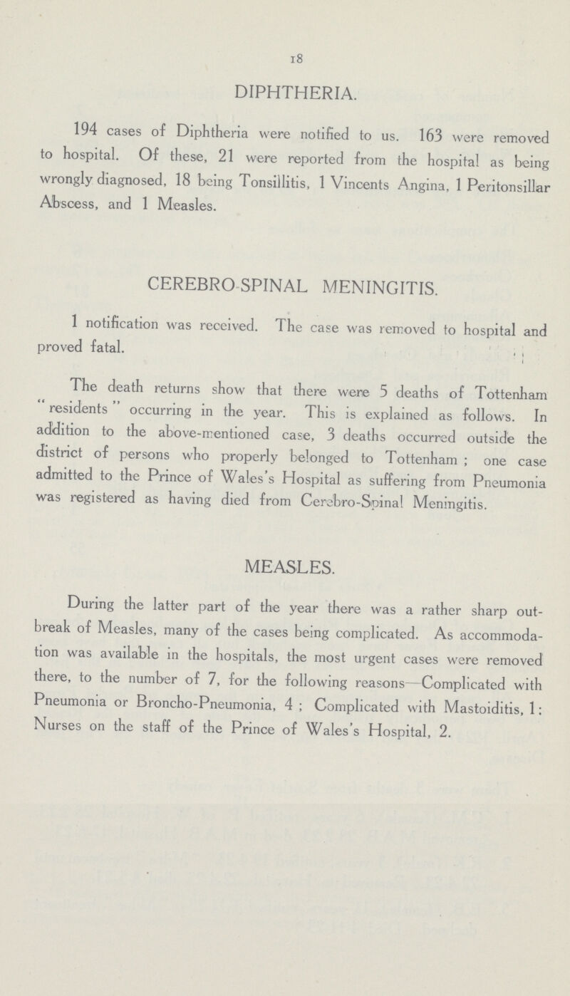 l8 DIPHTHERIA. 194 cases of Diphtheria were notified to us. 163 were removed to hospital. Of these, 21 were reported from the hospital as being wrongly diagnosed, 18 teeing Tonsillitis, 1 Vincents Angina, 1 Peritonsillar Abscess, and 1 Measles. CEREBRO SPINAL MENINGITIS. 1 notification was received. The case was removed to hospital and proved fatal. 1 ; The death returns show that there were 5 deaths of Tottenham residents occurring in the year. This is explained as follows. In addition to the above-mentioned case, 3 deaths occurred outside the distnct of persons who properly belonged to Tottenham ; one case admitted to the Prince of Wales's Hospital as suffering from Pneumonia was registered as having died from Cerabro-Spinal Meningitis. MEASLES. During the latter part of the year there was a rather sharp out break of Measles, many of the cases being complicated. As accommoda tion was available in the hospitals, the most urgent cases were removed there, to the number of 7, for the following reasons- Complicated with Pneumonia or Broncho-Pneumonia, 4; Complicated with Mastoiditis, 1: Nurses on the staff of the Prince of Wales's Hospital, 2.