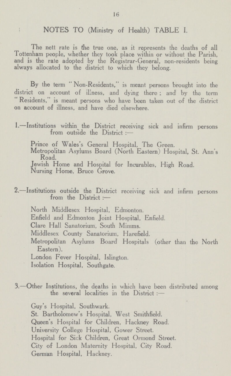 16 NOTES TO (Ministry of Health) TABLE I. The nett rate is the true one, as it represents the deaths of all Tottenham people, whether they took place within or without the Parish, and is the rate adopted by the Registrar-General, non-residents being always allocated to the district to which they belong. By the term Non-Residents, is meant persons brought into the district on account of illness, and dying there; and by the term Residents, is meant persons who have been taken out of the district on account of illness, and have died elsewhere. 1.—Institutions within the District receiving sick and infirm persons from outside the District:— Prince of Wales's General Hospital, The Green. Metropolitan Asylums Board (North Eastern) Hospital, St. Ann's Road. Jewish Home and Hospital for Incurables, High Road. Nursing Home, Bruce Grove. 2.—Institutions outside the District receiving sick and infirm persons from the District:— North Middlesex Hospital, Edmonton. Enfield and Edmonton Joint Hospital, Enfield. Clare Hall Sanatorium, South Mimms. Middlesex County Sanatorium, Harefield. Metropolitan Asylums Board Hospitals (other than the North Eastern). London Fever Hospital, Islington. Isolation Hospital, Southgate. 3.—Other Institutions, the deaths in which have been distributed among the several localities in the District :— Guy's Hospital, Southwark. St. Bartholomew's Hospital, West Smithfield. Queen's Hospital for Children, Hackney Road. University College Hospital, Gower Street. Hospital for Sick Children, Great Ormond Street. City of London Maternity Hospital, City Road. German Hospital, Hackney.