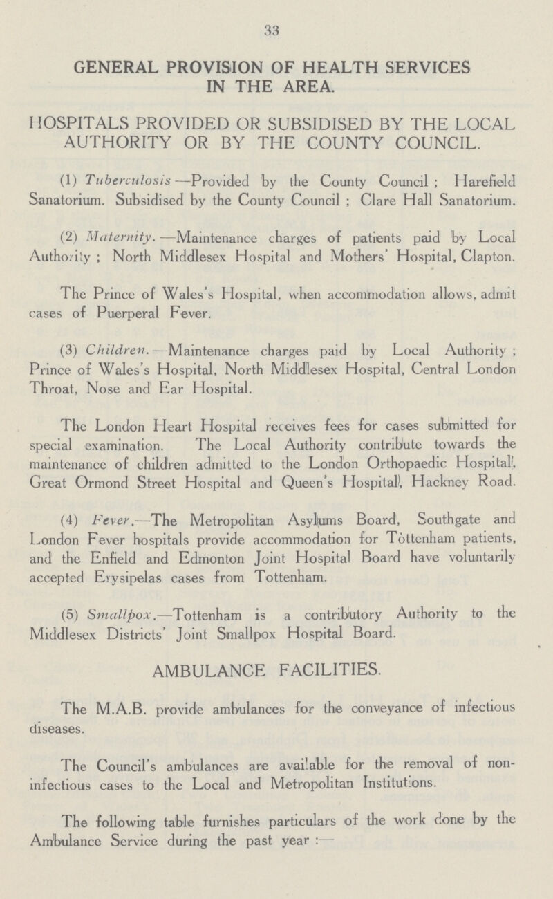 33 GENERAL PROVISION OF HEALTH SERVICES IN THE AREA. HOSPITALS PROVIDED OR SUBSIDISED BY THE LOCAL AUTHORITY OR BY THE COUNTY COUNCIL. (1) Tuberculosis—Provided by the County Council; Harefield Sanatorium. Subsidised by the County Council ; Clare Hall Sanatorium. (2) Maternity.—Maintenance charges of patients paid by Local Authority ; North Middlesex Hospital and Mothers' Hospital, Clapton. The Prince of Wales's Hospital, when accommodation allows, admit cases of Puerperal Fever. (3) Children.—Maintenance charges paid by Local Authority; Prince of Wales's Hospital, North Middlesex Hospital, Central London Throat, Nose and Ear Hospital. The London Heart Hospital receives fees for cases submitted for special examination. The Local Authority contribute towards the maintenance of children admitted to the London Orthopaedic Hospital, Great Ormond Street Hospital and Queen's Hospital), Hackney Road. (4) Fever.—The Metropolitan Asyl|ums Board, Southgate and London Fever hospitals provide accommodation for Tottenham patients, and the Enfield and Edmonton Joint Hospital Board have voluntarily accepted Erysipelas cases from Tottenham. (5) Smallpox.—Tottenham is a contributory Authority to the Middlesex Districts' Joint Smallpox Hospital Board. AMBULANCE FACILITIES. The M.A.B. provide ambulances for the conveyance of infectious diseases. The Council's ambulances are available for the removal of non infectious cases to the Local and Metropolitan Institutions. The following table furnishes particulars of the work done by the Ambulance Service during the past year:—