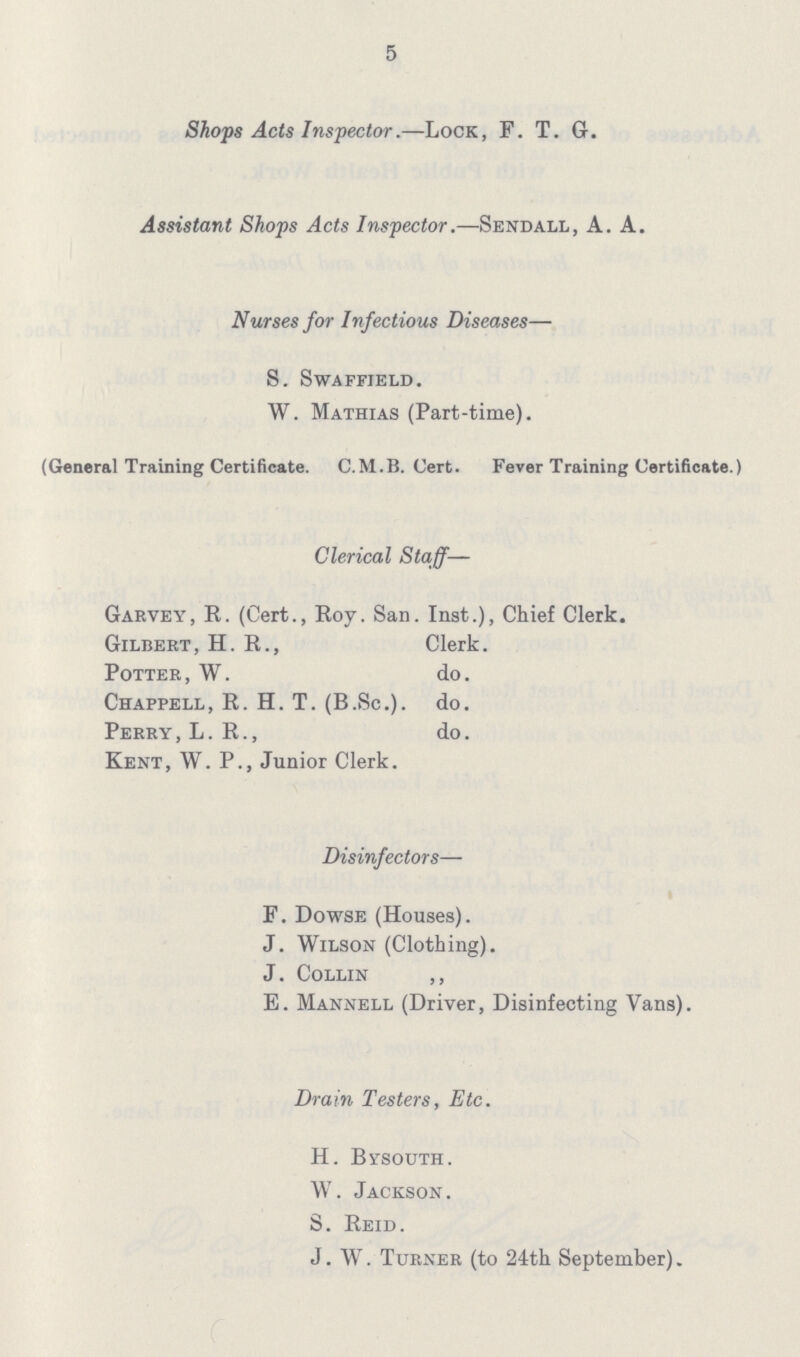 5 Shops Acts Inspector.—Lock, F. T. G. Assistant Shops Acts Inspector.—Sendall, A. A. Nurses for Infectious Diseases— S. Swaffield. W. Mathias (Part-time). (General Training Certificate. C.M.B. Cert. Fever Training Certificate.) Clerical Staff— Garvey, R. (Cert., Roy. San. Inst.), Chief Clerk. Gilbert, H. R., Clerk. Potter, W. do. Chappell, R. H. T. (B.Sc.). do. Perry, L. R., do. Kent, W. P., Junior Clerk. Disinfectors— F. Dowse (Houses). J. Wilson (Clothing). J. Collin ,, E. Mannell (Driver, Disinfecting Vans). Drain Testers, Etc. H. Bysouth. W. Jackson. S. Reid. J. W. Turner (to 24th September).