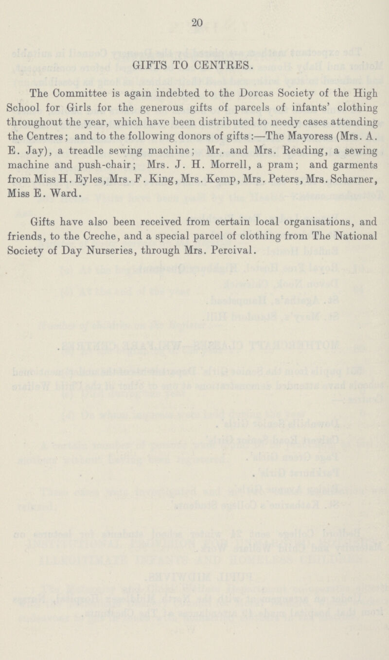20 GIFTS TO CENTRES. The Committee is again indebted to the Dorcas Society of the High School for Girls for the generous gifts of parcels of infants' clothing throughout the year, which have been distributed to needy cases attending the Centres; and to the following donors of giftsThe Mayoress (Mrs. A. E. Jay), a treadle sewing machine; Mr. and Mrs. Reading, a sewing machine and push-chair; Mrs. J. H. Morrell, a pram; and garments from Miss H. Eyles, Mrs. F. King, Mrs. Kemp, Mrs. Peters, Mrs. Scharner, Miss E. Ward. Gifts have also been received from certain local organisations, and friends, to the Creche, and a special parcel of clothing from The National Society of Day Nurseries, through Mrs. Percival.