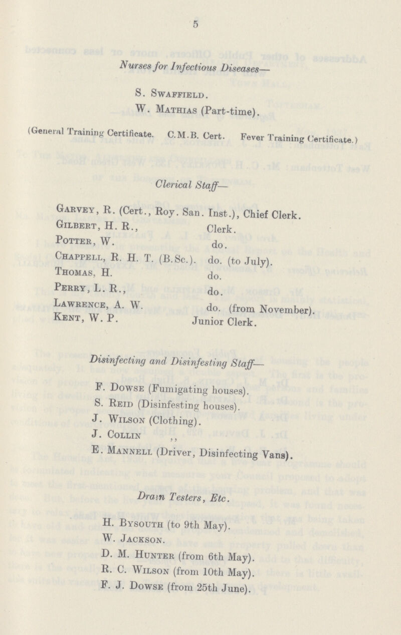 5 Nurses for Infectious Diseases— S. Swaffield . W. Mathias (Part-time). (General Training Certificate. C.M.B. Cert. Fever Training Certificate.) Clerical Staff— Garvey, R. (Cert., Roy. San. Inst.), Chief Clerk. Gilbert, H. R., Clerk. Potter, W. do. Chappell, R. H. T. (B.Sc.). do. (to July). Thomas, H. do. Perry, L. R., do. Lawrence, A. W. do. (from November). Kent, W. P. Junior Clerk. Disinfecting and Disinfesting Staff— F. Dowse (Fumigating houses). S. Reid (Disinfesting houses). J. Wilson (Clothing). J. Collin ,, E. Mannell (Driver, Disinfecting Vans). Dram Testers, Etc. H. Bysouth (to 9th May). W. Jackson. D. M. Hunter (from 6th May). R. C. Wilson (from 10th May). F. J. Dowse (from 25th June).