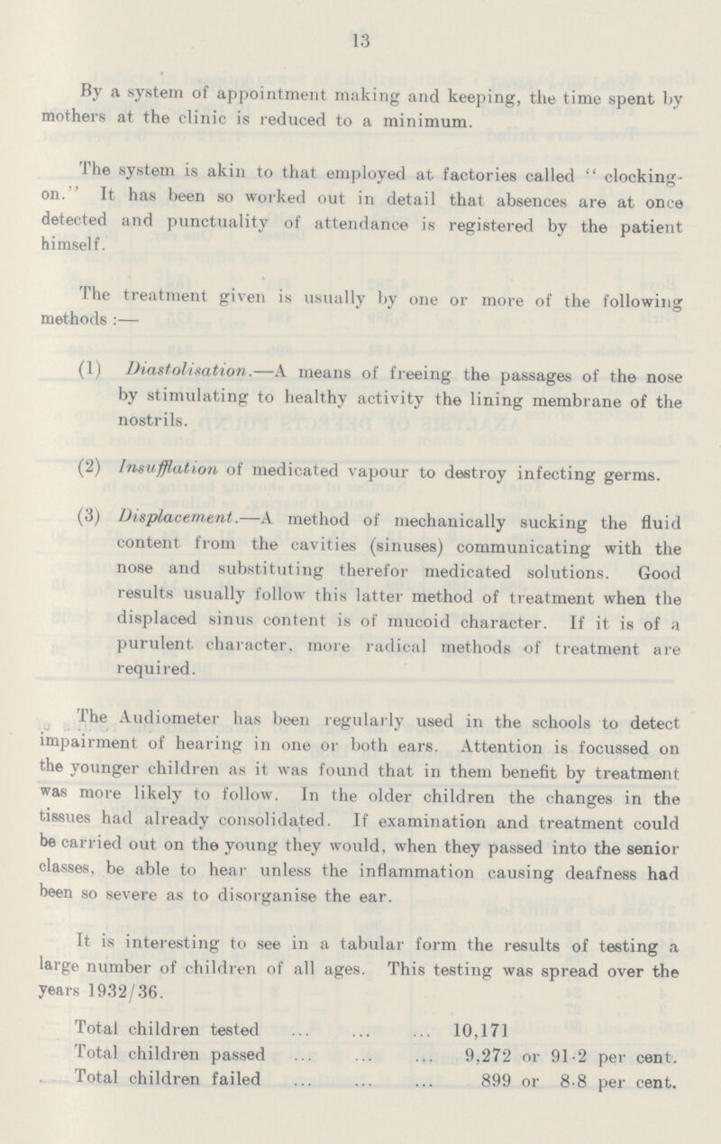 13 By a system of appointment making and keeping, the time spent by mothers at the clinic is reduced to a minimum. The system is akin to that employed at factories called clocking on. It has been so worked out in detail that absences are at once detected and punctuality of attendance is registered by the patient himself. The treatment given is usually by one or more of the following methods :— (1) Diastolisation.—A means of freeing the passages of the nose by stimulating to healthy activity the lining membrane of the nostrils. (2) Insufflation of medicated vapour to destroy infecting germs. (3) Displacement.—A method of mechanically sucking the fluid content from the cavities (sinuses) communicating with the nose and substituting therefor medicated solutions. Good results usually follow this latter method of treatment when the displaced sinus content is of mucoid character. If it is of a purulent, character, more radical methods of treatment are required. The Audiometer has been regularly used in the schools to detect impairment of hearing in one or both ears. Attention is focussed on the younger children as it was found that in them benefit by treatment was more likely to follow. In the older children the changes in the tissues had already consolidated. If examination and treatment could be carried out on the young they would, when they passed into the senior classes, be able to hear unless the inflammation causing deafness had been so severe as to disorganise the ear. It is interesting to see in a tabular form the results of testing a large number of children of all ages. This testing was spread over the years 1932/36. Total children tested 10,171 Total children passed 9,272 or 91.2 per cent. Total children failed 899 or 8.8 per cent.