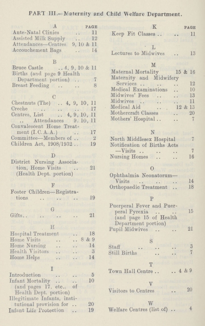 PART III.— Maternity and Child Welfare Department. a page Ante-Natal Clinics 11 Assisted Milk Supply 12 Attendances—Centres 9, 10 & 11 Accouchement Bags 14 B Bruce Castle 4, 9, 10 & 11 Births (and page 9 Health Department portion) 7 Breast Feeding 8 C Chestnuts (The) 4, 9, 10, 11 Creche 17 Centres, List 4, 9, 10, 11 „ Attendances 9. 10, 11 Convalescent Home Treat ment (I.C.A.A.) 17 Committee—Members of 2 Children Act, 1908/1932 19 D District Nursing Associa tion, Home Visits 21 (Health Dept. portion) F Foster Children—Registra tions 19 G Gifts 21 H Hospital Treatment 18 Home Visits 8 & 9 Home Nursing 14 Health Visitors 3 Home Helps 14 I Introduction 5 Infant Mortality 10 (and pages 17. etc. of Health Dept. portion) Illegitimate Infants, insti tutional provision for 20 Infant Life Protection 19 K page Keep Fit Classes 11 L Lectures to Midwives 13 M Maternal Mortality 15 & 16 Maternity and Midwifery Services 12 Medical Examinations 10 Midwives' Fees 13 Midwives 11 Medical Aid 12 & 13 Mothercraft Classes 20 Mothers' Hospital 7 N North Middlesex Hospital 7 Notification of Births Acts —Visits 7 Nursing Homes 16 O Ophthalmia Neonatorum— Visits 14 Orthopaedic Treatment 18 P Puerperal Fever and Puer peral Pyrexia 15 (and page 15 of Health Department portion) Pupil Midwives 21 S Staff 3 Still Births 7 T Town Hall Centre 4 & 9 V Visitors to Centres 20 W Welfare Centres (list of) 4