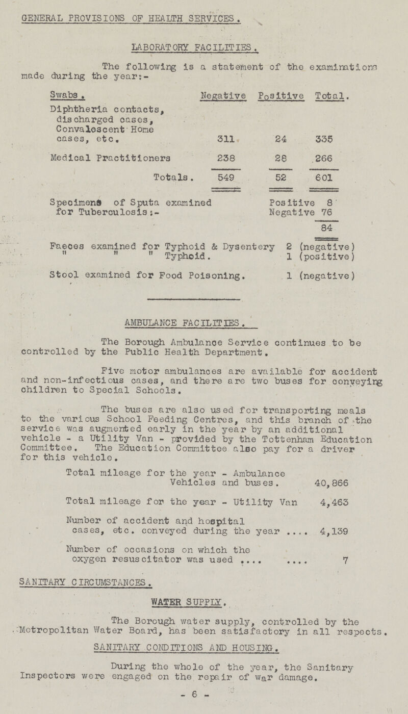 GENERAL PROVISIONS OF HEALTH SERVICES. LABORATORY FACILITIES. The following is a statement of the examinations made during the year:- Swabs. Negative Positive Total. Diphtheria contacts, discharged cases, Convalescent Home cases, etc. 311 24 335 Medical Practitioners 238 28 266 Totals. 549 52 601 Specimens of Sputa examined Positive 8 for Tuberculosis:- Negative 76 84 Faeces examined for Typhoid & Dysentery 2 (negative)    Typhoid. 1 (positive) Stool examined for Food Poisoning. 1 (negative) AMBULANCE FACILITIES. The Borough Ambulance Service continues to be controlled by the Public Health Department. Five motor ambulances are available for accident and non-infectious cases, and there are two buses for conveying children to Special Schools. The buses are also used for transporting meals to the various School Feeding Centres, and this branch of the service was augmented early in the year by an additional vehicle-a Utility Van-provided by the Tottenham Education Committee. The Education Committee also pay for a driver for this vehicle. Total mileage for the year - Ambulance Vehicles and buses. 40,866 Total mileage for the year - Utility Van 4,463 Number of accident and hospital cases, etc. conveyed during the year 4,139 Number of occasions on which the oxygen resuscitator was used 7 SANITARY CIRCUMSTANCES. WATER SUPPLY. The Borough water supply, controlled by the Metropolitan Water Board, has been satisfactory in all respects, SANITARY CONDITIONS AND HOUSING. During the whole of the year, the Sanitary Inspectors were engaged on the repair of war damage. - 6 -