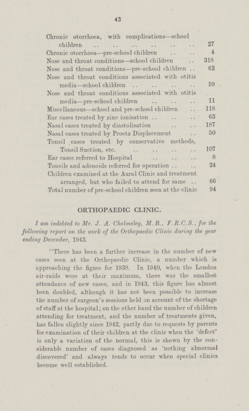 43 Chronic otorrhoea, with complications—school children 27 Chronic otorrhoea—pre-school children 4 Nose and throat conditions—school children 318 Nose and throat conditions—pre-school children 62 Nose and throat conditions associated with otitis media—school children 59 Nose and throat conditions associated with otitis media—pre-school children 11 Miscellaneous—school and pre-school children 118 Ear cases treated by zinc ionisation 63 Nasal cases treated by diastolisation 187 Nasal cases treated by Proetz Displacement 50 Tonsil cases treated by conservative methods, Tonsil Suction, etc. 107 Ear cases referred to Hospital 8 Tonsils and adenoids referred for operation 24 Children examined at the Aural Clinic and treatment arranged, but who failed to attend for same 66 Total number of pre-school children seen at the clinic 94 ORTHOPAEDIC CLINIC. I am indebted to Mr. J. A. Cholmeley, M.B., F. R.C.S., for the following report on the work of the Orthopaedic Clinic during the year ending December, 1943. There has been a further increase in the number of new cases seen at the Orthopaedic Clinic, a number which is approaching the figure for 1938. In 1940, when the London air-raids were at their maximum, there was the smallest attendance of new cases, and in 1943, this figure has almost been doubled, although it has not been possible to increase the number of surgeon's sessions held on account of the shortage of staff at the hospital; on the other Land the number of children attending for treatment, and the number of treatments given, has fallen slightly since 1942, partly due to requests by parents for examination of their children at the clinic when the 'defect' is only a variation of the normal, this is shown by the con siderable number of cases diagnosed as 'nothing abnormal discovered' and always tends to occur when special clinics become well established.