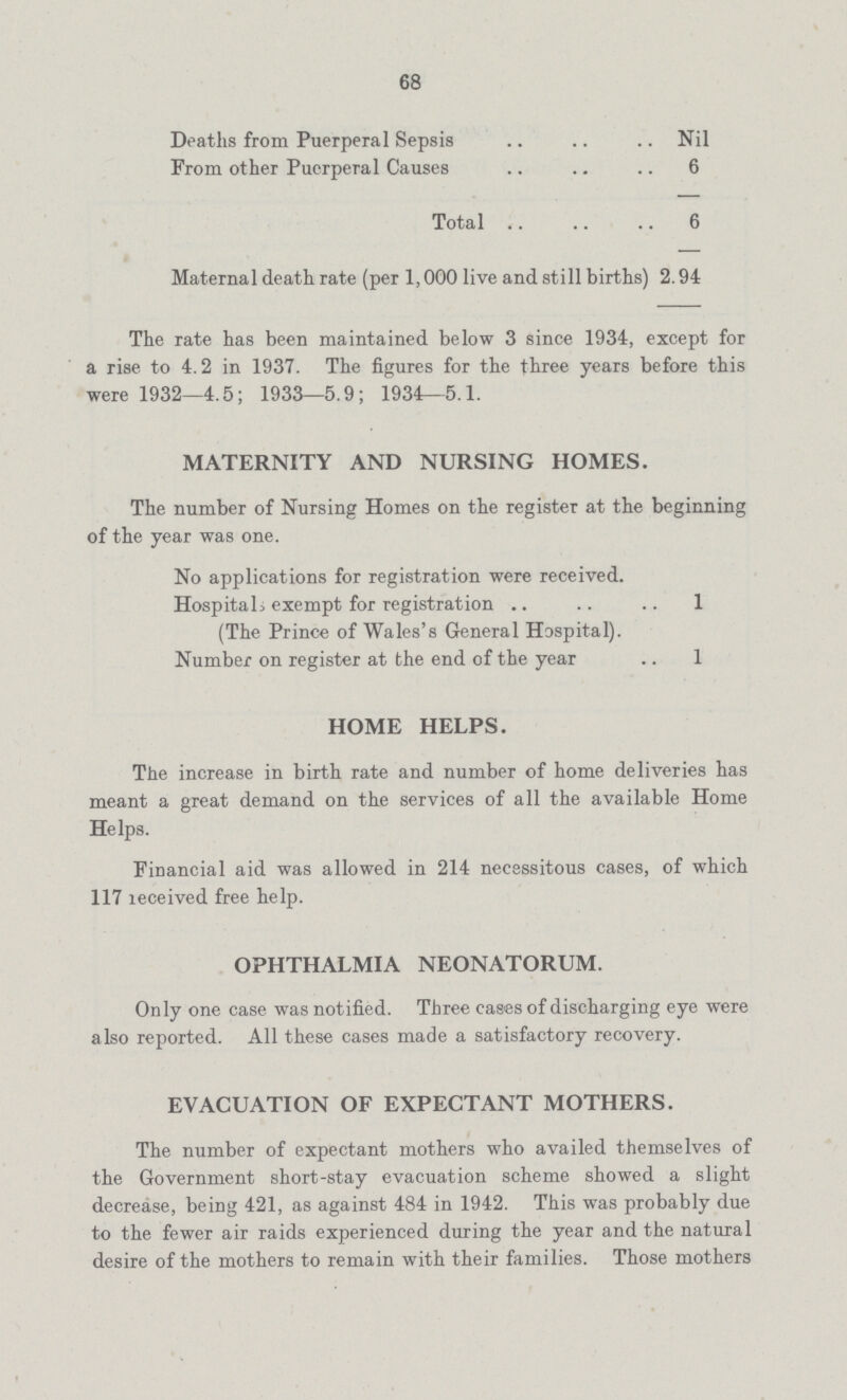 68 Deaths from Puerperal Sepsis Nil From other Puerperal Causes 6 Total 6 Maternal death rate (per 1,000 live and still births) 2.94 The rate has been maintained below 3 since 1934, except for a rise to 4. 2 in 1937. The figures for the three years before this were 1932—4.5; 1933—5.9; 1934—5.1. MATERNITY AND NURSING HOMES. The number of Nursing Homes on the register at the beginning of the year was one. No applications for registration were received. Hospitals exempt for registration 1 (The Prince of Wales's General Hospital). Number on register at the end of the year 1 HOME HELPS. The increase in birth rate and number of home deliveries has meant a great demand on the services of all the available Home Helps. Financial aid was allowed in 214 necessitous cases, of which 117 received free help. OPHTHALMIA NEONATORUM. Only one case was notified. Three cases of discharging eye were also reported. All these cases made a satisfactory recovery. EVACUATION OF EXPECTANT MOTHERS. The number of expectant mothers who availed themselves of the Government short-stay evacuation scheme showed a slight decrease, being 421, as against 484 in 1942. This was probably due to the fewer air raids experienced during the year and the natural desire of the mothers to remain with their families. Those mothers