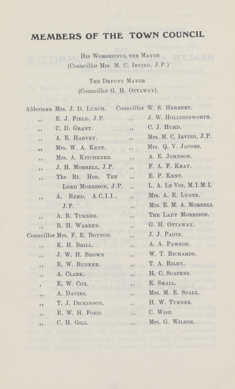 MEMBERS OF THE TOWN COUNCIL His Worshipful the Mayor (Councillor Mrs. M. C. Irving, J.P.) The Deputy Mayor (Councillor G. H. Ottaway). Alderman Mrs. J. D. Lynch. Councillor W. S. Herbert. ,, E. J. Field, J. P. ,, J. W. Hollingsworth. ,, C. D. Grant. ,, C. J. Hurd. ,, A. E. Harvey. ,, Mrs. M. C. Irving, J. P. ,, Mrs. W. A. Kent. ,, Mrs. Q. V. Jacobs. ,, Mrs. A. Kitchener. ,, A. E. Johnson. ,, J. H. Morrell, J. P. ,, F. A. F. Keay. ,, The Rt. Hon. The ,, E. P. Kent. Lord Morrison, J.P. ,, L. A. Le Voi, M.I.M.I. ,, A. Reed, A.C.I.I., ,, Mrs. A. E. Lyons. J. P. ,, Mrs. E. M. A. Morrell ,, A. R. Turner. ,, The Lady Morrison. ,, R. H. Warren. ,, G. H. Ottaway. Councillor Mrs. F. E. Boyton. ,, J. J. Pagin. ,, K. H. Brill. ,, A. A. Pawson. ,, J. W. H. Brown ,, W. T. Richards. ,, E. W. Bunker. ,, T. A. Riley. ,, A. Clark. ,, H. C. Scapens. , E. W. Cox. ,, E. Small. ,, A. Davies. ,, Mrs. M. E. Soall. „ T. J. Dickinson. ,, H. W. Turner. ,, R. W. H. Ford. ,, C. Wise. ,, C. H. Gill. ,, Mrs. G. Wilson.