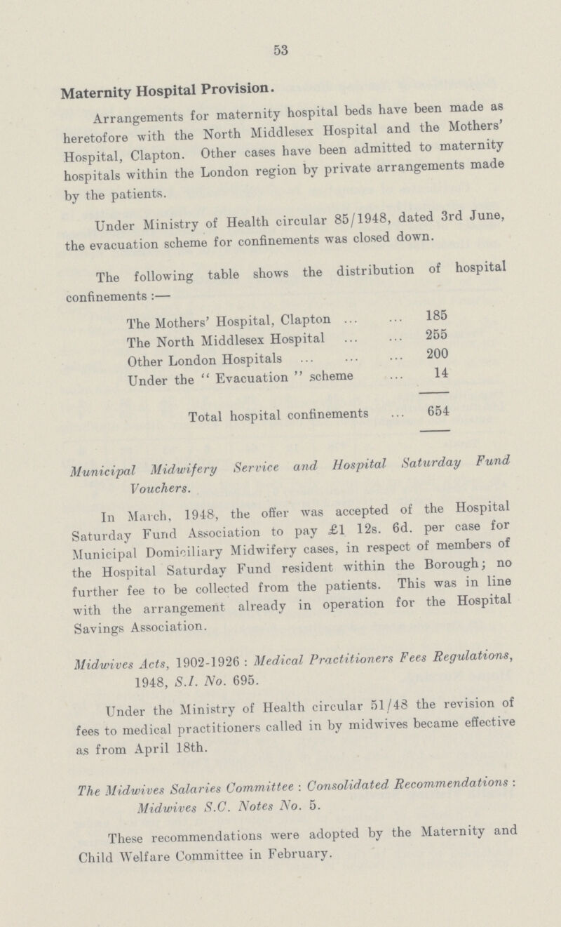 53 Maternity Hospital Provision. Arrangements for maternity hospital beds have been made as heretofore with the North Middlesex Hospital and the Mothers' Hospital, Clapton. Other cases have been admitted to maternity hospitals within the London region by private arrangements made by the patients. Under Ministry of Health circular 85/1948, dated 3rd June, the evacuation scheme for confinements was closed down. The following table shows the distribution of hospital confinements:— The Mothers' Hospital, Clapton 185 The North Middlesex Hospital 255 Other London Hospitals 200 Under the Evacuation scheme 14 Total hospital confinements 654 Municipal Midwifery Service and Hospital Saturday Fund Vouchers. In March, 1948, the offer was accepted of the Hospital Saturday Fund Association to pay £1 12s. 6d. per case for Municipal Domiciliary Midwifery cases, in respect of members of the Hospital Saturday Fund resident within the Borough; no further fee to be collected from the patients. This was in line with the arrangement already in operation for the Hospital Savings Association. Midwives Acts, 1902-1926: Medical Practitioners Fees Regulations, 1948, S.I. No. 695. Under the Ministry of Health circular 51/48 the revision of fees to medical practitioners called in by midwives became effective as from April 18th. The Midwives Salaries Committee : Consolidated Recommendations : Midwives S.C. Notes No. 5. These recommendations were adopted by the Maternity and Child Welfare Committee in February.