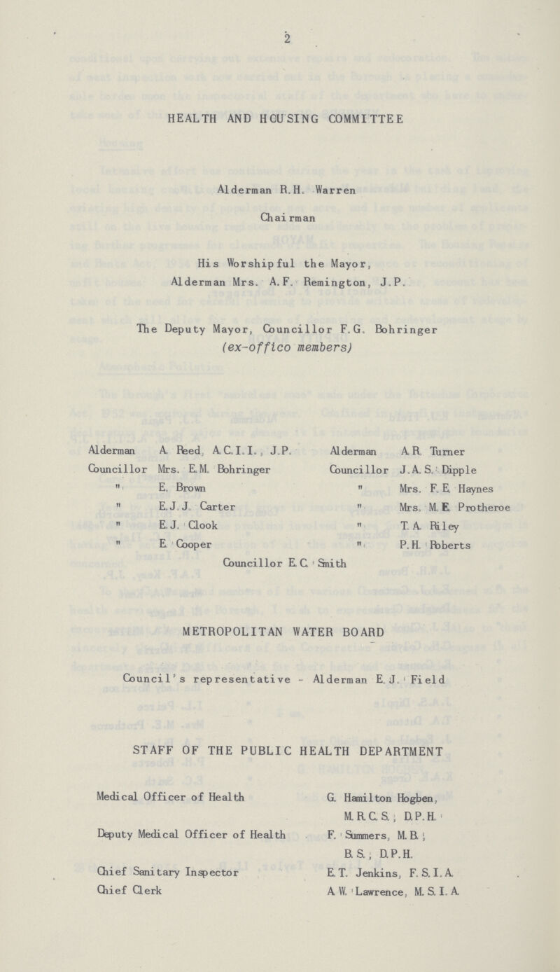 2 HEALTH AND HOUSING COMMITTEE Alderman R.H. Warren Chairman His Worshipful the Mayor, Alderman Mrs. A. F. Remington, J.P, The Deputy Mayor, Councillor F.G. Bohringer (ex- offico members) Alderman A Reed, A.C.I.I. , J.P. Councillor Mrs. E.M. Bohringer  E. Brown  E. J J. Carter  E. J. Clook  E Cooper Alderman A R Turner Councillor J.A.S. Dipple  Mrs. F. E Haynes  Mrs. M E. Protheroe  T.A. Riley  P. H. Poberts Councillor E C Smith METROPOLITAN WATER BOARD Council's representative - Alderman E.J. Field STAFF OF THE PUBLIC HEALTH DEPARTMENT Medical Officer of Health G. Hamilton Hogben, M.R.C.S & ; D.P.H Deputy Medical Officer of Health F. Summers, M.B. B. S. D.P.H. Chief Sanitary Inspector E T. Jenkins, F, S. I. A. Chief Clerk A W. Lawrence, M. S. I. A