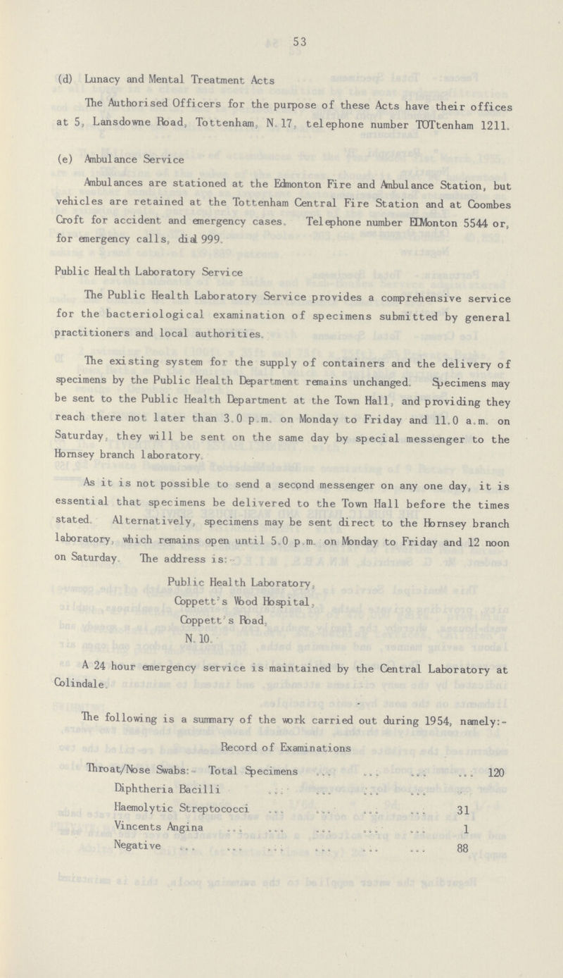 53 (d) Lunacy and Mental Treatment Acts The Authorised Officers for the purpose of these Acts have their offices at 5, Lansdowne Road, Tottenham, N. 17, telephone number TOTtenham 1211. (e) Ambulance Service Ambulances are stationed at the Edmonton Fire and Ambulance Station, but vehicles are retained at the Tottenham Central Fire Station and at Coombes Croft for accident and emergency cases. Telephone number EDMonton 5544 or, for emergency calls, did 999. Public Health Laboratory Service The Public Health Laboratory Service provides a comprehensive service for the bacteriological examination of specimens submitted by general practitioners and local authorities. The existing system for the supply of containers and the delivery of specimens by the Public Health Department remains unchanged. Specimens may be sent to the Public Health Department at the Town Hall, and providing they reach there not later than 3.0 p.m. on Monday to Friday and 11.0 a.m. on Saturday, they will be sent on the same day by special messenger to the Hornsey branch laboratory. As it is not possible to send a second messenger on any one day, it is essential that specimens be delivered to the Town Hall before the times stated Alternatively, specimens may be sent direct to the Hornsey branch laboratory, which remains open until 5.0 p.m. on Monday to Friday and 12 noon on Saturday. The address is:- Public Health Laboratory, Coppett's Wood Hospital, Coppett's Road, N. 10. A 24 hour emergency service is maintained by the Central Laboratory at Colindale. The following is a summary of the work carried out during 1954, namely:- Record of Examinations Throat/Nose Swabs:- Total Specimens 120 Diphtheria Bacilli Haemolytic Streptococci 31 Vincents Angina 1 Negative 88