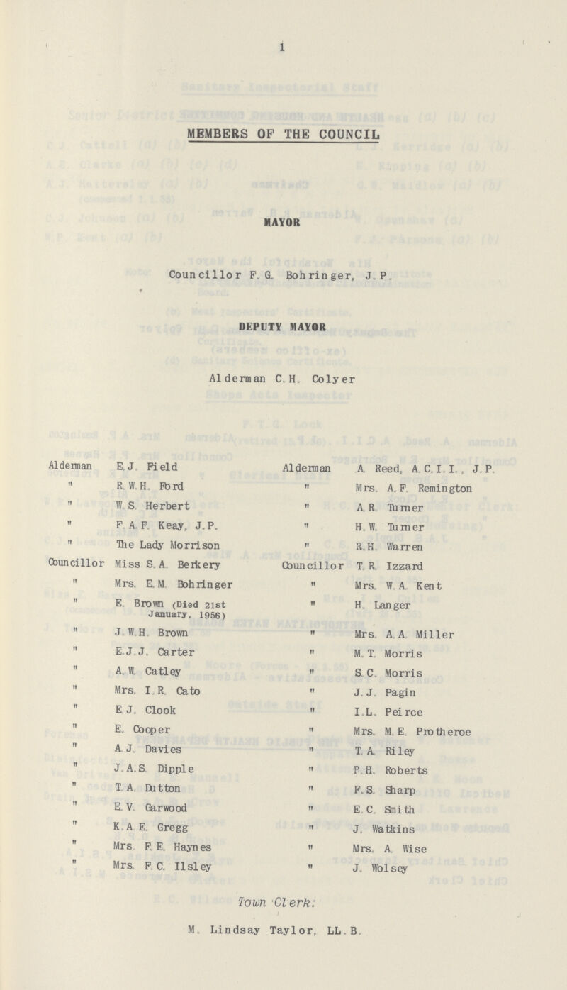 1 MEMBERS OF THE COUNCIL mayor Councillor F. G. Bohringer, J.P. deputy mayor Alderman C.H. Colyer Alderman E.J. Field  R.W.H. Ford  W. S. Herbert  F.A.F. Keay. J. P.  The Lady Morrison Councillor Miss S. A. Berkery  Mrs. E. M. Bohringer  E. Brown (Died 21st January, 1956)  J. W. H. Brown  E.J.J. Carter  A. W. Catley  Mrs. I. R. Cato  E.J. Clook  E. Cooper  A. J. Da vies  J.A.S. Dipple  T. A. Dutton  E. V. Garwood  K.A.E. Gregg  Mrs. F.E. Haynes  Mrs. F. C. Ilsley Alderman A. Reed, A.C.I., J. P.  Mrs. A. F. Remington  A. R. Turner  H. W. Turner  R.H. Warren Councillor T. R. Izzard  Mrs. W .A. Kent  H. Langer  Mrs. A. A. Miller  M. T. Morris  S. C. Morris  J. J. Pagin  I.L. Peirce  Mrs. M. E. Protheroe  T. A. Riley  P. H. Roberts  F. S. Sharp  E.C. Smith  J. Watkins  Mrs. A. Wise  J. Wolsey Town Clerk: M. Lindsay Taylor, LL.B.