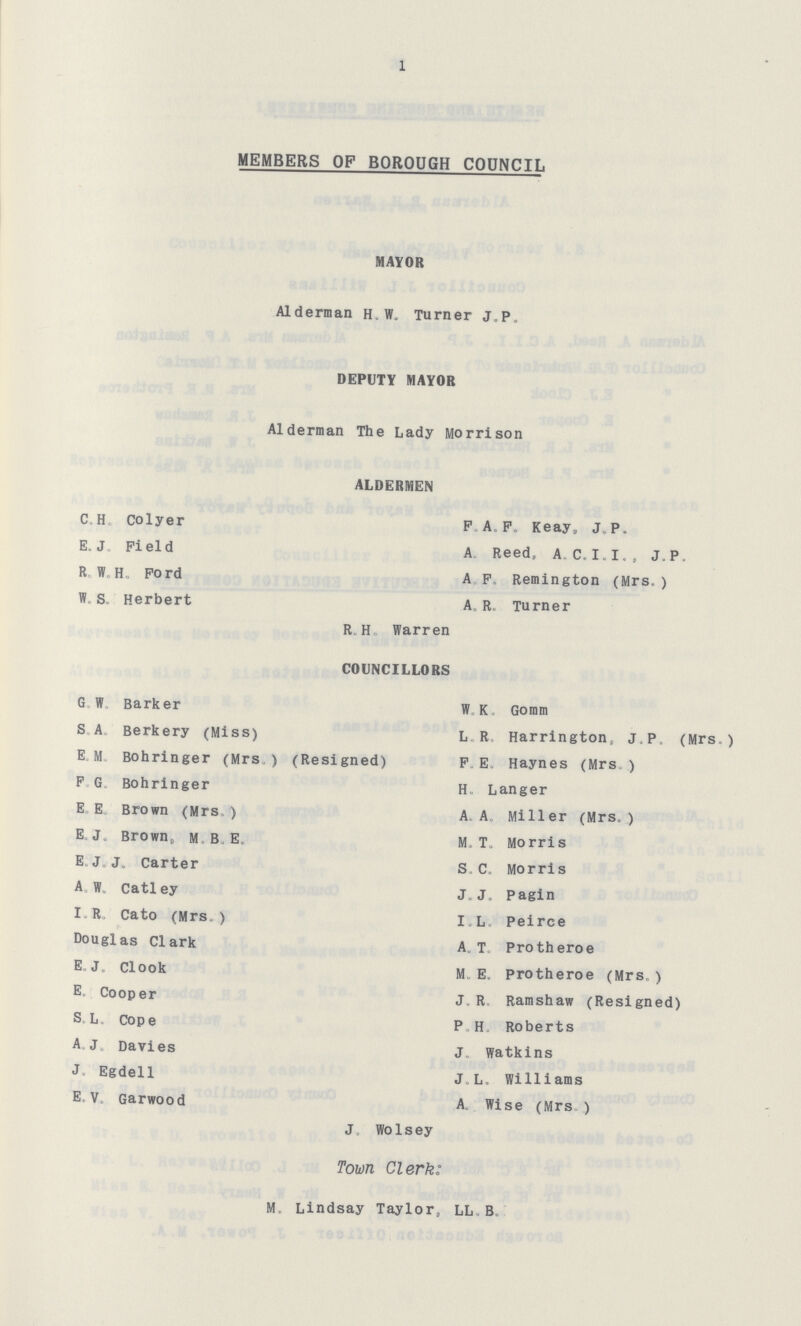 1 MEMBERS OF BOROUGH COUNCIL MAYOR Alderman HW„ Turner JP DEPUTY MAYOR Alderman The Lady Morrison ALDERMEN CH Colyer F„ A P Keay, JP E J Field A Reed, A CI I, J P R W H„ Ford A F, Remington (Mrs ) W S Herbert A R Turner R H Warren COUNCILLORS G W Barker W K Gomm SA Berkery (Miss) L R Harrington, JP (Mrs) EM Bohringer (Mrs) (Resigned) F E, Haynes (Mrs ) F G„ Bohringer H Langer E, E Brown (Mrs) A A Miller (Mrs) EJ Brown, M B E M, T, Morris EJJ Carter S C Morris A,w Catley j j pagin IR Cato (Mrs) IL Peirce Douglas Clark A T Protheroe E J clook M E Protheroe (Mrs) E Cooper J R Ramshaw (Resigned) S L Cope PH Roberts AJ Davies j, watkins J Egdell J„ L Williams EV Garwood A Wise (Mrs) J Wo1sey Town Clerk: M Lindsay Taylor, LL B