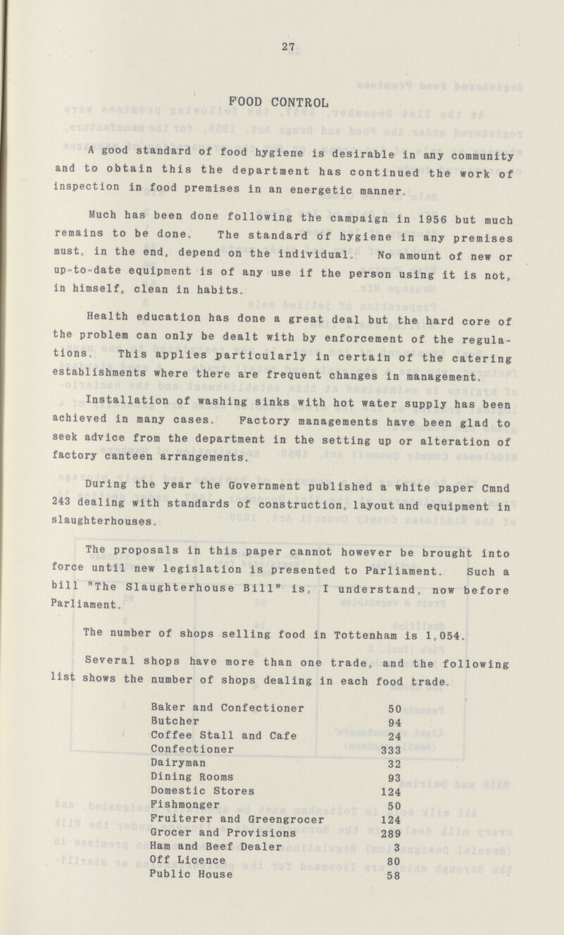 27 POOD CONTROL A good standard of food hygiene is desirable in any community and to obtain this the department has continued the work of inspection in food premises in an energetic manner. Much has been done following the campaign in 1956 but much remains to be done. The standard of hygiene in any premises must, in the end, depend on the individual. No amount of new or up-to-date equipment is of any use if the person using it is not, in himself, clean in habits. Health education has done a great deal but the hard core of the problem can only be dealt with by enforcement of the regula tions. This applies particularly in certain of the catering establishments where there are frequent changes in management. Installation of washing sinks with hot water supply has been achieved in many cases. Factory managements have been glad to seek advice from the department in the setting up or alteration of factory canteen arrangements. During the year the Government published a white paper Cmnd 243 dealing with standards of construction, layout and equipment in slaughterhouses. The proposals in this paper cannot however be brought into force until new legislation is presented to Parliament. Such a bill The Slaughterhouse Bill is, I understand, now before Parliament. The number of shops selling food in Tottenham is 1,054. Several shops have more than one trade, and the following list shows the number of shops dealing in each food trade. Baker and Confectioner 50 Butcher 94 Coffee Stall and Cafe 24 Confectioner 333 Dairyman 32 Dining Rooms 93 Domestic Stores 124 Fishmonger 50 Fruiterer and Greengrocer 124 Grocer and Provisions 289 Ham and Beef Dealer 3 Off Licence 80 Public House 58