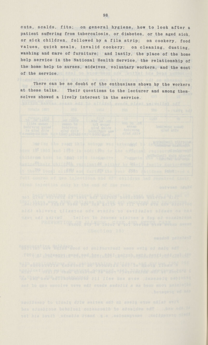 98 cuts, scalds, fits; on general hygiene, how to look after a patient suffering from tuberculosis, or diabetes, or the aged sick, or sick children, followed by a film strip; on cookery, food values, quick meals, invalid cookery; on cleaning, dusting, washing and care of furniture; and lastly, the place of the home help service in the National Health Service, the relationship of the home help to nurses, midwives, voluntary workers, and the cost of the service There can be no doubt of the enthusiasm shown by the workers at these talks Their questions to the lecturer and among them selves showed a lively interest in the service