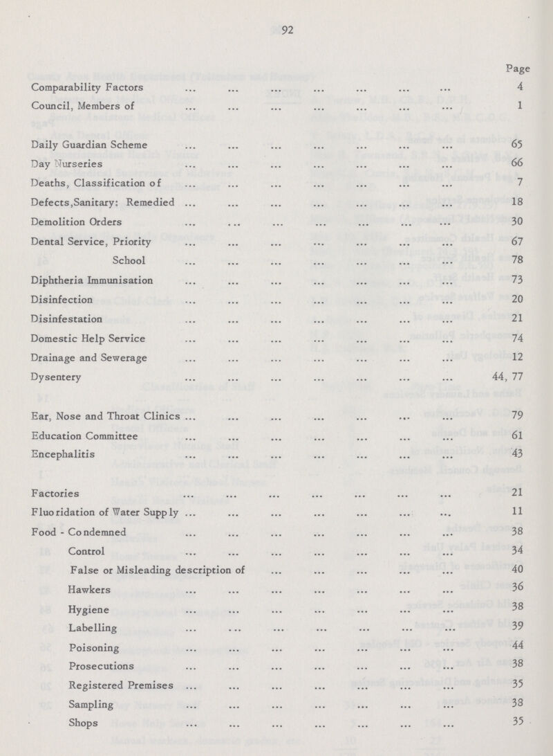 92 Page Comparability Factors 4 Council, Members of 1 Daily Guardian Scheme 65 Day Nurseries 66 Deaths, Classification of Defects, Sanitary: Remedied 18 Demolition Orders 30 Dental Service, Priority 67 School 78 Diphtheria Immunisation 73 Disinfection 20 Disinfestation 21 Domestic Help Service 74 Drainage and Sewerage 12 Dysentery 44, 77 Ear, Nose and Throat Clinics 79 Education Committee 61 Encephalitis 43 Factories 21 Fluoridation of Water Supply 11 Food - Condemned 38 Control 34 False or Misleading description of 40 Hawkers 36 Hygiene 38 Labelling 39 Poisoning 44 Prosecutions 38 Registered Premises 35 Sampling 38 Shops 35