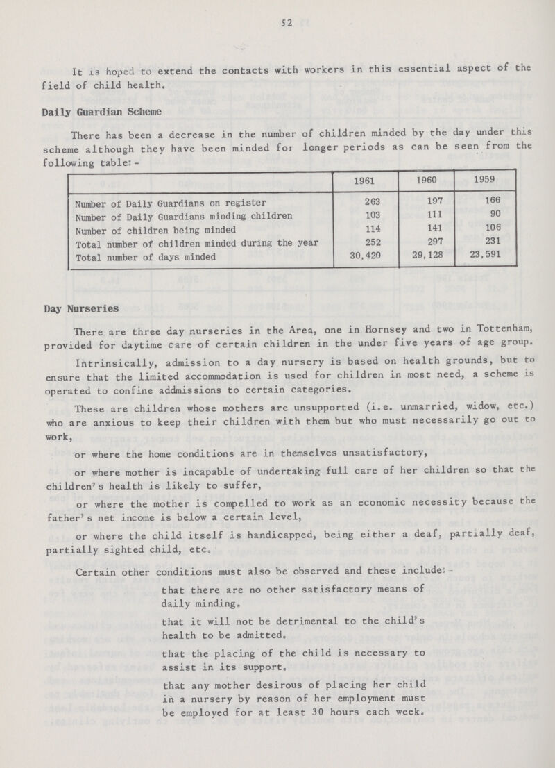 52 It is hoped to extend the contacts with workers in this essential aspect of the field of child health. Dally Guardian Scheme There has been a decrease in the number of children minded by the day under this scheme although they have been minded for longer periods as can be seen from the following table:- 1961 1960 1959 Number of Daily Guardians on register 263 197 166 Number of Daily Guardians minding children 103 111 90 Number of children being minded 114 141 106 Total number of children minded during the year 252 297 231 Total number of days minded 30,420 29,128 23,591 Day Nurseries There are three day nurseries in the Area, one in Hornsey and two in Tottenham, provided for daytime care of certain children in the under five years of age group. Intrinsically, admission to a day nursery is based on health grounds, but to ensure that the limited accommodation is used for children in most need, a scheme xs operated to confine addmissions to certain categories. These are children whose mothers are unsupported (i.e. unmarried, widow, etc.) who are anxious to keep their children with them but who must necessarily go out to work, or where the home conditions are in themselves unsatisfactory, or where mother is incapable of undertaking full care of her children so that the children's health is likely to suffer, or where the mother is compelled to work as an economic necessity because the father's net income is below a certain level, or where the child itself is handicapped, being either a deaf, partially deaf, partially sighted child, etc. Certain other conditions must also be observed and these include:- that there are no other satisfactory means of daily minding. that it will not be detrimental to the child's health to be admitted. that the placing of the child is necessary to assist in its support. that any mother desirous of placing her child in a nursery by reason of her employment must be employed for at least 30 hours each week.