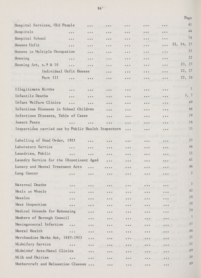 84 Page Hospital Services, Old People 41 Hospitals 44 Hospital School 76 Houses Unfit 22, 26, 27 Houses in Multiple Occupation 23 Housing 22 Housing Act, s.9 & 10 23, 27 Individual Unfit Houses 22, 27 Part III 22,26 Illegitimate Births 5 Infantile Deaths 5, 7 Infant Welfare Clinics 49 Infectious Diseases in School Children 66 Infectious Diseases, Table of Cases 39 InsectPests 16 Inspections carried out by Public Health Inspectors 11 Labelling of Food Order, 1953 Laboratory Service 46 Laundries, Public 11 Laundry Service for the Incontinent Aged 41 Lunacy and Mental Treatment Acts 46 Lung Cancer 5 Maternal Deaths 3 Meals on Wheels 42 Measles 38 Meat Inspection 30 Medical Grounds for Rehousing 28 Members of Borough Council 1 Meningococcal Infection 37 Mental Health 46 Merchandise Marks Act, 1887-1953 33 Midwifery Service 55 Midwives' Ante-Natal Clinics 49 Milk and Dairies 4 Mothercraft and Relaxation Classes 49