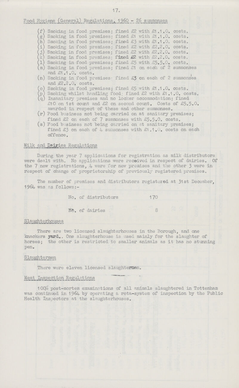 17. Food Hygiene (General) Regulations, 1960 26 summonses (f) Smoking in food premises; fined £2 with £1.1.0. costs„ (g) Smoking in food premises; fined £1 with £1.1 .0. costs. (h) Smoking in food premises; fined £3 with £1 .1 .0. costs. (i) Smoking in food premises; fined £2 with £2,2.0. costs. (j) Smoking in food premises; fined £2 with £2.2,0. costs. (k) Smoking in food premises; fined £2 with £2.2.0. costs. (l) Smoking in food premises; fined £5 with £5.5.0, costs. (m) Smoking in food premises; fined £1 on each of 2 summonses and £1.1,0, costs, , (n) Smoking in food premises; fined £3 on each of 2 summonses and £2,2,0, costs. (o) Smoking in food premises; fined £5 with £1 .1 .0, costs. (p) Smoking whilst handling food; fined £2 with £1 .1 .0. costs, (q) Insanitary premises and no locker accommodation; fined £10 on 1st count and £2 on second count. Costs of £5.5.0, awarded in respect of these and other summonses. (r) Food business not being carried on at sanitary premises; fined £2 on each of 7 summonses with £5.5.0. costs. (s) Food business not being carried on at sanitary premises; fined £3 on each of 1+ summonses with £1 .1 ,0, costs on each offence. Milk and Dairies Regulations During the year 7 applications for registration as milk distributors were dealt with. No applications were received in respect of dairies. Of the 7 new registrations, 4 were for new premises and the other 3 were in respect of change of proprietorship of previously registered premises. The number of premises and distributors registered at 31 st December, 1964 was as follows No. of distributors 170 No. of dairies 8 Slaughterhouses There are two licensed slaughterhouses in the Borough, and one knackers yard,. One slaughterhouse is used mainly for the slaughter of horses; the other is restricted to smaller animals as it has no stunning pen. Slaughtermen There were eleven licensed slaughternen. Meat Inspection Regulations 100% post-mortem examinations of all animals slaughtered in Tottenham was continued in 1964 by operating a rota-system of inspection by the Public Health Inspectors at the slaughterhouses.