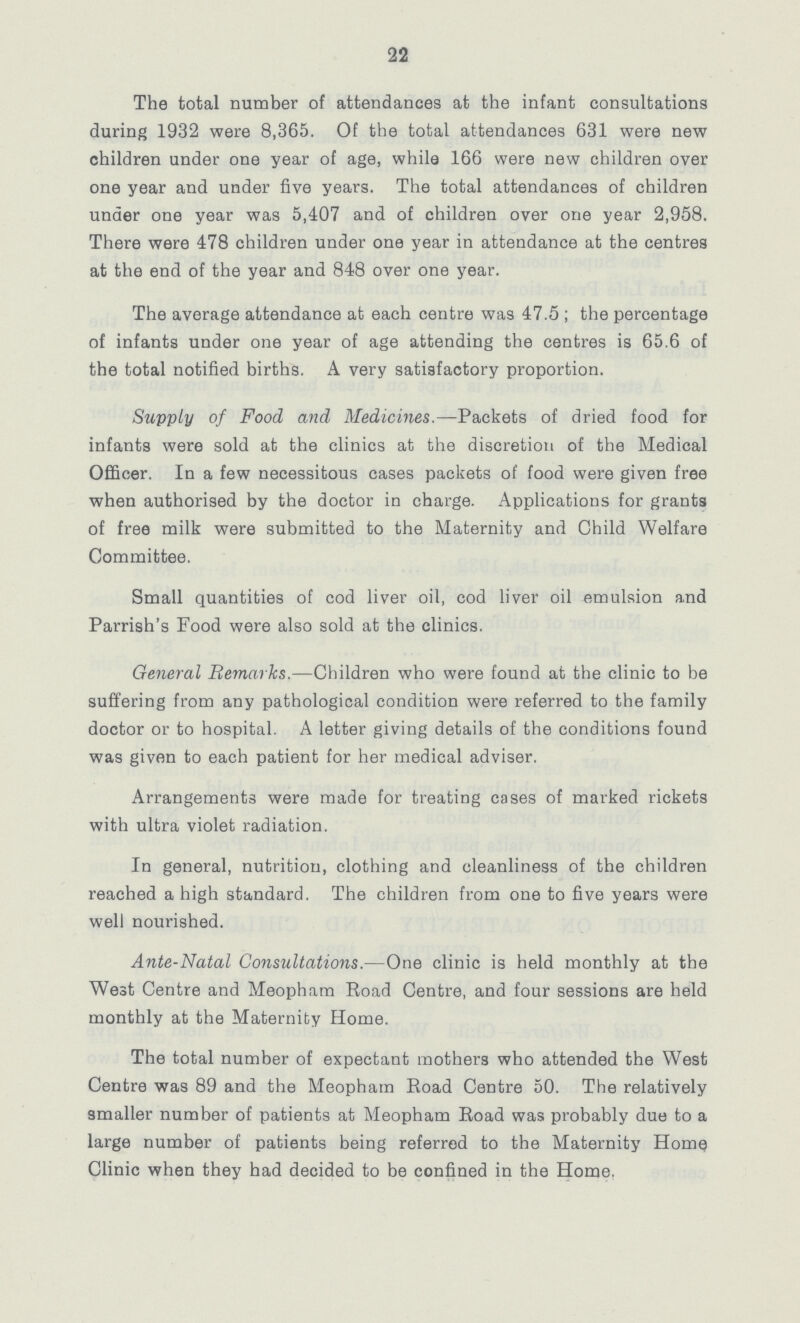 22 The total number of attendances at the infant consultations during 1932 were 8,365. Of the total attendances 631 were new children under one year of age, while 166 were new children over one year and under five years. The total attendances of children under one year was 5,407 and of children over one year 2,958. There were 478 children under one year in attendance at the centres at the end of the year and 848 over one year. The average attendance at each centre was 47.5 ; the percentage of infants under one year of age attending the centres is 65.6 of the total notified births. A very satisfactory proportion. Supply of Food and Medicines.—Packets of dried food for infants were sold at the clinics at the discretion of the Medical Officer. In a few necessitous cases packets of food were given free when authorised by the doctor in charge. Applications for grants of free milk were submitted to the Maternity and Child Welfare Committee. Small quantities of cod liver oil, cod liver oil emulsion and Parrish's Food were also sold at the clinics. General Remarks,—Children who were found at the clinic to be suffering from any pathological condition were referred to the family doctor or to hospital. A letter giving details of the conditions found was given to each patient for her medical adviser. Arrangements were made for treating cases of marked rickets with ultra violet radiation. In general, nutrition, clothing and cleanliness of the children reached a high standard. The children from one to five years were well nourished. Ante-Natal Consultations.—One clinic is held monthly at the West Centre and Meopham Road Centre, and four sessions are held monthly at the Maternity Home. The total number of expectant mothers who attended the West Centre was 89 and the Meopham Road Centre 50. The relatively smaller number of patients at Meopham Road was probably due to a large number of patients being referred to the Maternity Home Clinic when they had decided to be confined in the Home.