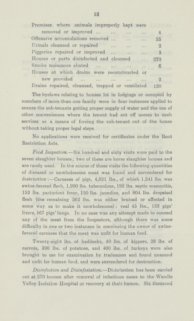 52 Premises where animals improperly kept were removed or improved 4 Offensive accumulations removed 55 Urinals cleansed or repaired 2 Piggeries repaired or improved 3 Houses or parts disinfected and cleansed 270 Smoke nuisances abated 6 Houses at which drains were reconstructed or new provided 2 Drains repaired, cleansed, trapped or ventilated 130 The byelaws relating to houses let in lodgings or occupied by members of more than one family were in four instances applied to ensure the sub-tenants getting proper supply of water and the use of other conveniences where the tenant had cut off access to such services as a means of forcing the sub-tenant out of the house without taking proper legal steps. No applications were received for certificates under the Rent Restriction Acts. Food Inspection.—Six hundred and sixty visits were paid to the seven slaughter houses; two of these are horse slaughter houses and are rarely used. In the course of these visits the following quantities of diseased or unwholesome meat was found and surrendered for destruction :—Carcases of pigs, 4,821 lbs., of which 1,241 lbs. was swine-fevered flesh, 1,990 lbs. tuberculous, 192 lbs. septic mammitis, 152 lbs. parturient fever, 120 lbs. jaundice, and 804 lbs. dropsical flesh (the remaining 262 lbs. was either bruised or affected in some way as to make it unwholesome) ; veal 45 lbs., 133 pigs' livers, 467 pigs' lungs. In no case was any attempt made to conceal any of the meat from the Inspectors, although there was some difficulty in one or two instances in convincing the owner of swine fevered carcases that the meat was unfit for human food. Twenty-eight lbs. of haddocks, 40 lbs. of kippers, 28 lbs. of carrots, 390 lbs. of potatoes, and 400 lbs. of turkeys were also brought to me for examination by tradesmen and found unsound and unfit for human food, and were surrendered for destruction. Disinfection and Disinfestation.—Dibinfection has been carried out at 270 houses after removal of infectious cases to the Wandle Valley Isolation Hospital or recovery at their homes. Six thousand