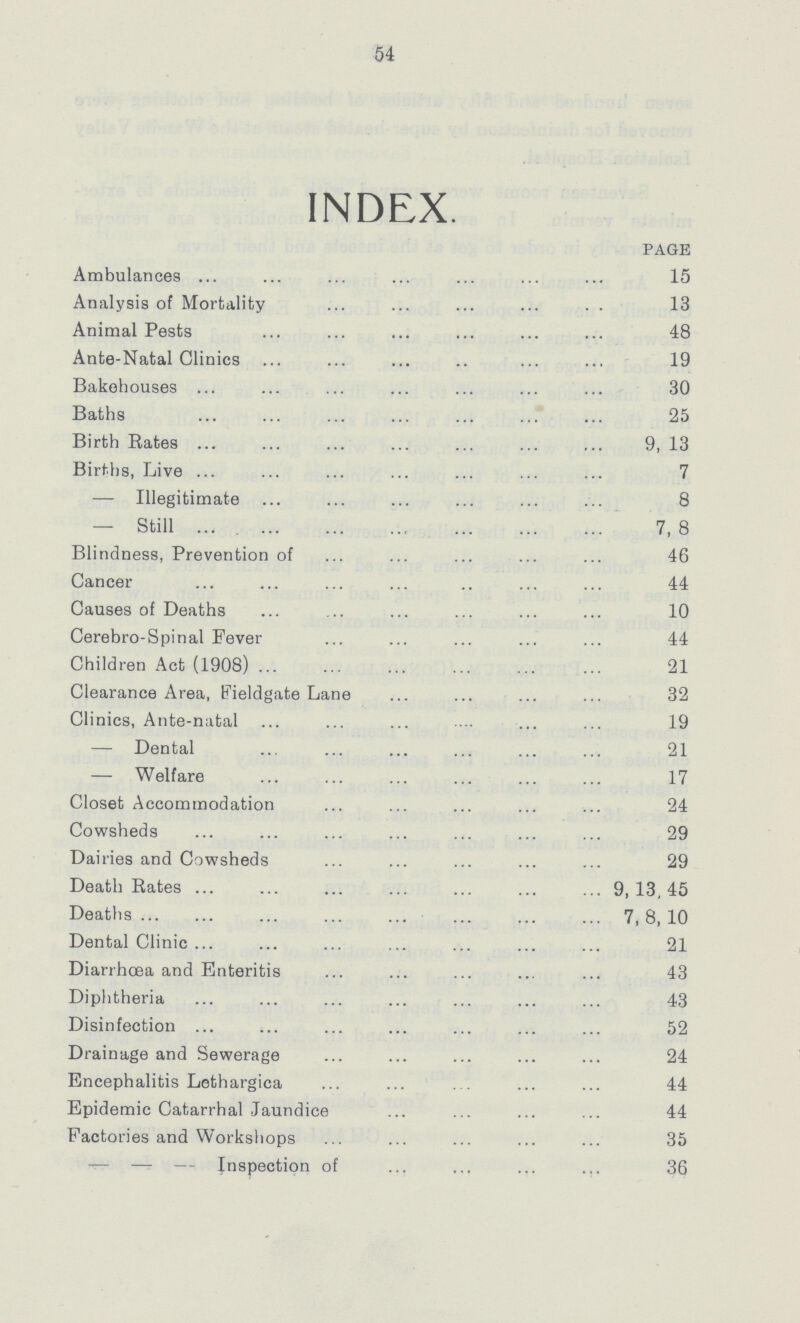 54 INDEX. page Ambulances 15 Analysis of Mortality 13 Animal Pests 48 Ante-Natal Clinics. 19 Bakehouses 30 Baths 25 Birth Rates 9, 13 Births, Live 7 — Illegitimate 8 — Still 7, 8 Blindness, Prevention of 46 Cancer 44 Causes of Deaths 10 Cerebro-Spinal Fever 44 Children Act (1908) 21 Clearance Area, Eieldgate Lane 32 Clinics, Ante-natal 19 — Dental 21 — Welfare 17 Closet Accommodation 24 Cowsheds 29 Dairies and Cowsheds 29 Death Rates 9,13,45 Deaths 7,8,10 Dental Clinic 21 Diarrhoea and Enteritis 43 Diphtheria 43 Disinfection 52 Drainage and Sewerage 24 Encephalitis Lethargica 44 Epidemic Catarrhal Jaundice 44 Factories and Workshops 35 --- Inspection of 36