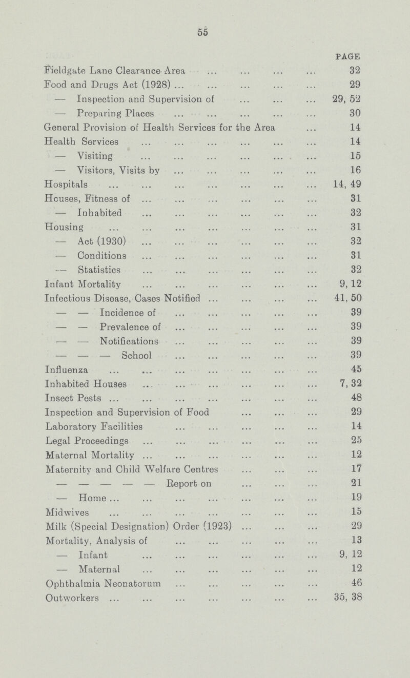 56 page Fieldgate Lane Clearance Area 32 Food and Drugs Act (1928) 29 — Inspection and Supervision of 29,52 — Preparing Places 30 General Provision of Health Services for the Area 14 Health Services 14 — Visiting 15 — Visitors, Visits by 16 Hospitals 14, 49 Houses, Fitness of 31 — Inhabited 32 Housing 31 — Act (1930) 32 — Conditions 31 — Statistics 32 Infant Mortality 9, 12 Infectious Disease, Cases Notified 41,50 — — Incidence of 39 — — Prevalence of 39 — — Notifications 39 — — — School 39 Influenza 45 Inhabited Houses . 7,32 Insect Pests 48 Inspection and Supervision of Food . 29 Laboratory Facilities 14 Legal Proceedings 25 Maternal Mortality 12 Maternity and Child Welfare Centres 17 — — — — — Report on 21 — Home 19 Midwives 15 Milk (Special Designation) Order (1923) 29 Mortality, Analysis of 13 — Infant 9, 12 — Maternal 12 Ophthalmia Neonatorum 46 Outworkers 35, 38