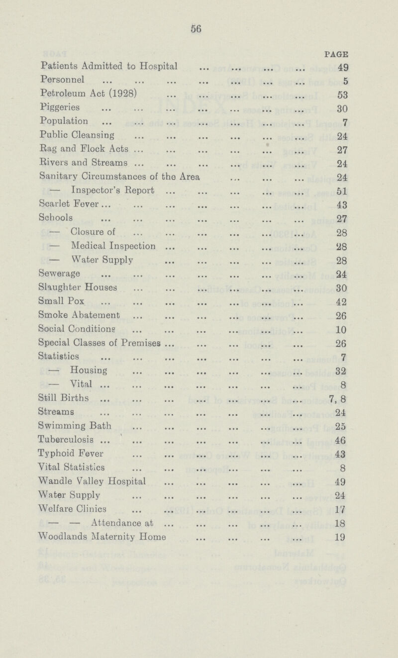 56 page Patients Admitted to Hospital 49 Personnel 5 Petroleum Act (1928) 53 Piggeries 30 Population 7 Public Cleansing 24 Rag and Flock Acts 27 Rivers and Streams 24 Sanitary Circumstances of the Area 24 — Inspector's Report 51 Scarlet Fever 43 Schools 27 — Closure of 28 — Medical Inspection 28 — Water Supply 28 Sewerage 24 Slaughter Houses 30 Small Pox 42 Smoke Abatement 26 Social Conditions 10 Special Classes of Premises 26 Statistics 7 — Housing 32 — Vital 8 Still Births 7, 8 Streams 24 Swimming Bath 25 Tuberculosis 46 Typhoid Fever 43 Vital Statistics ... ... ... ... ... ... 8 Wandle Valley Hospital 49 Water Supply 24 Welfare Clinics 17 — — Attendance at 18 Woodlands Maternity Home 19