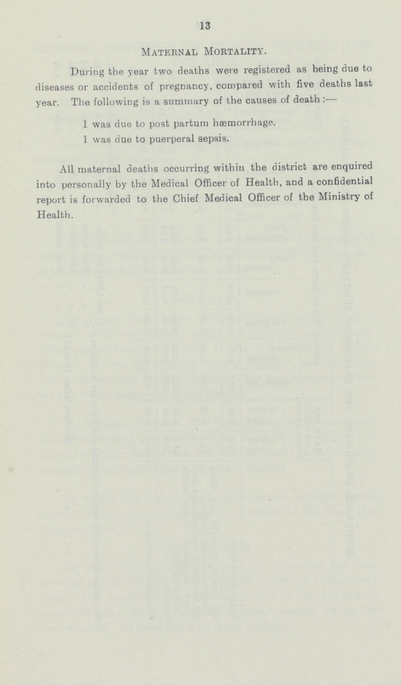 13 Maternal Mortality. During the year two deaths were registered as being due to diseases or accidents of pregnancy, compared with five deaths last year. The following is a summary of the causes of death:— 1 was due to post partum haemorrhage. 1 was due to puerperal sepsis. All maternal deaths occurring within the district are enquired into personally by the Medical Officer of Health, and a confidential report is forwarded to the Chief Medical Officer of the Ministry of Health.