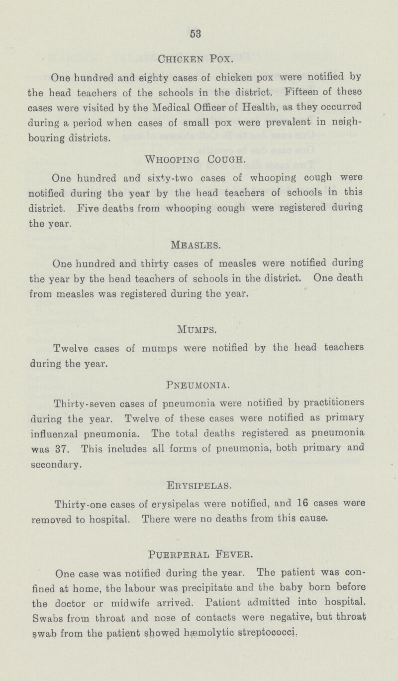 53 Chicken Pox. One hundred and eighty eases of chicken pox were notified by the head teachers of the schools in the district. Fifteen of these cases were visited by the Medical Officer of Health, as they occurred during a period when cases of small pox were prevalent in neigh bouring districts. Whooping Cough. One hundred and sixty-two cases of whooping cough were notified during the year by the head teachers of schools in this district. Five deaths from whooping cough were registered during the year. Measles. One hundred and thirty cases of measles were notified during the year by the head teachers of schools in the district. One death from measles was registered during the year. Mumps. Twelve cases of mumps were notified by the head teachers during the year. Pneumonia. Thirty-seven cases of pneumonia were notified by practitioners during the year. Twelve of these cases were notified as primary influenzal pneumonia. The total deaths registered as pneumonia was 37. This includes all forms of pneumonia, both primary and secondary. Erysipelas. Thirty-one cases of erysipelas were notified, and 16 cases were removed to hospital. There were no deaths from this cause. Puerperal Fever. One case was notified during the year. The patient was con fined at home, the labour was precipitate and the baby born before the doctor or midwife arrived. Patient admitted into hospital. Swabs from throat and nose of contacts were negative, but throat swab from the patient showed hæmolytic streptococci.