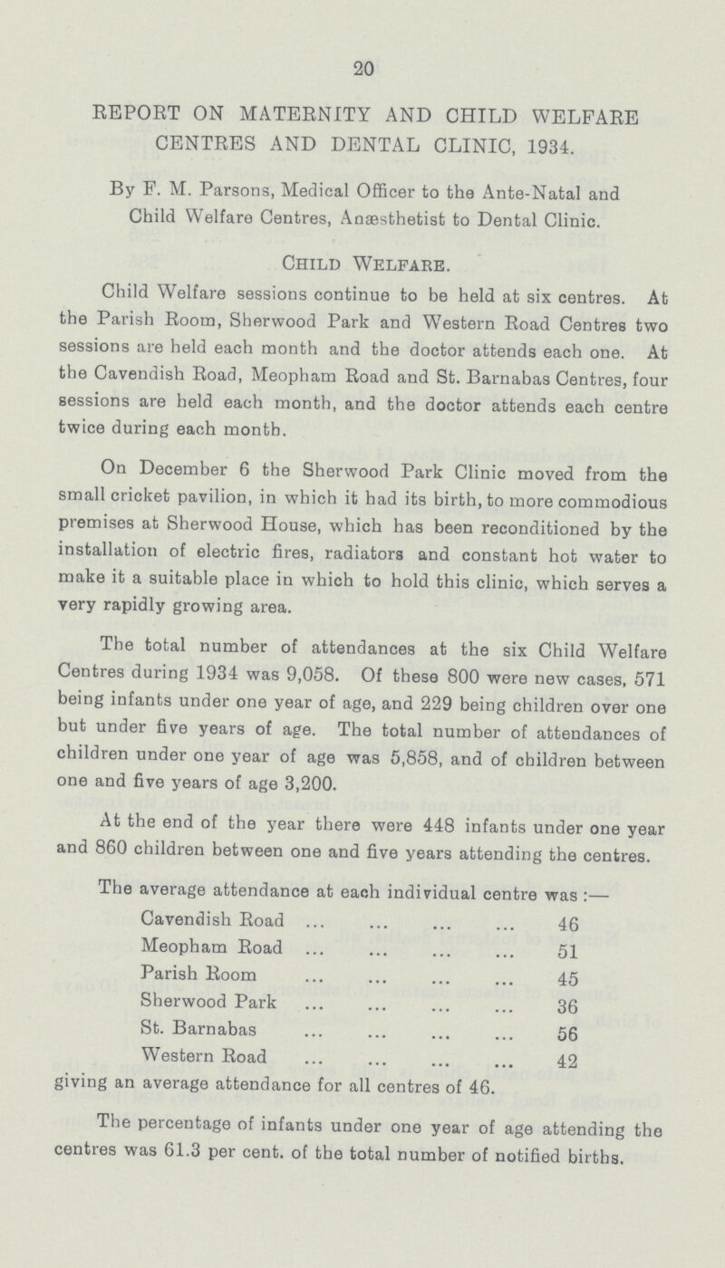 20 REPORT ON MATERNITY AND CHILD WELFARE CENTRES AND DENTAL CLINIC, 1934. By F. M. Parsons, Medical Officer to the Ante-Natal and Child Welfare Centres, Anaesthetist to Dental Clinic. Child Welfare. Child Welfare sessions continue to be held at six centres. At the Parish Room, Sherwood Park and Western Road Centres two sessions are held each month and the doctor attends each one. At the Cavendish Road, Meopham Road and St. Barnabas Centres, four sessions are held each month, and the doctor attends each centre twice during each month. On December 6 the Sherwood Park Clinic moved from the small cricket pavilion, in which it had its birth, to more commodious premises at Sherwood House, which has been reconditioned by the installation of electric fires, radiators and constant hot water to make it a suitable place in which to hold this clinic, which serves a very rapidly growing area. The total number of attendances at the six Child Welfare Centres during 1934 was 9,058. Of these 800 were new cases, 571 being infants under one year of age, and 229 being children over one but under five years of age. The total number of attendances of children under one year of age was 5,858, and of children between one and five years of age 3,200. At the end of the year there were 448 infants under one year and 860 children between one and five years attending the centres. The average attendance at each individual centre was:- Cavendish Road 46 Meopham Road 51 Parish Room 45 Sherwood Park 36 St. Barnabas 56 Western Road 42 giving an average attendance for all centres of 46. The percentage of infants under one year of age attending the centres was 61.3 per cent. of the total number of notified births.