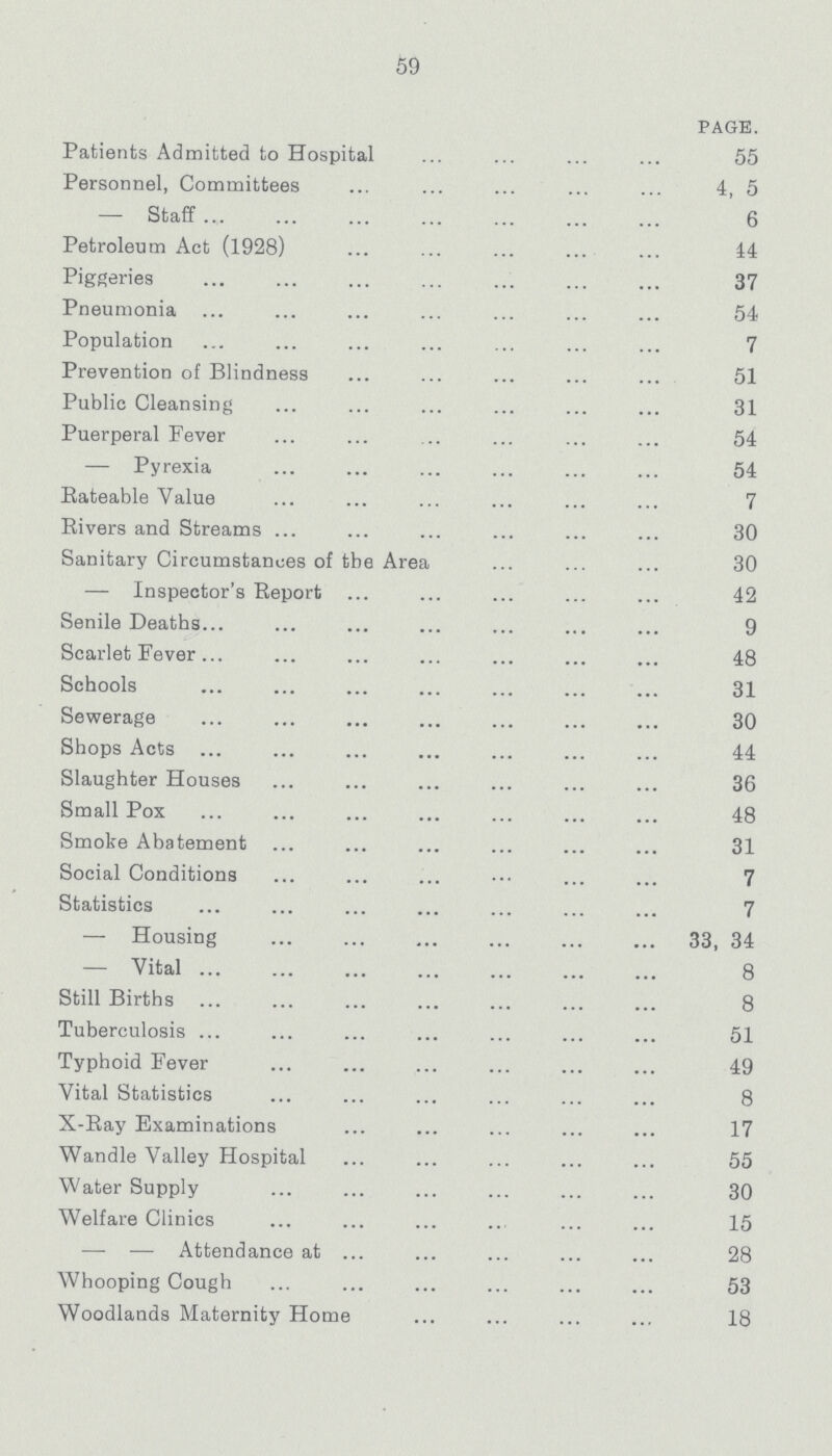 59 PAGE. Patients Admitted to Hospital 55 Personnel, Committees 4, 5 — Staff 6 Petroleum Act (1928) 44 Piggeries 37 Pneumonia 54 Population 7 Prevention of Blindness 51 Public Cleansing 31 Puerperal Fever 54 — Pyrexia 54 Rateable Value 7 Rivers and Streams 30 Sanitary Circumstances of the Area 30 — Inspector's Report 42 Senile Deaths 9 Scarlet Fever 48 Schools 31 Sewerage 30 Shops Acts 44 Slaughter Houses 36 Small Pox 48 Smoke Abatement 31 Social Conditions 7 Statistics 7 — Housing 33, 34 — Vital 8 Still Births 8 Tuberculosis 51 Typhoid Fever 49 Vital Statistics 8 X-Ray Examinations 17 Wandle Valley Hospital 55 Water Supply 30 Welfare Clinics 15 — — Attendance at 28 Whooping Cough 53 Woodlands Maternity Home 18