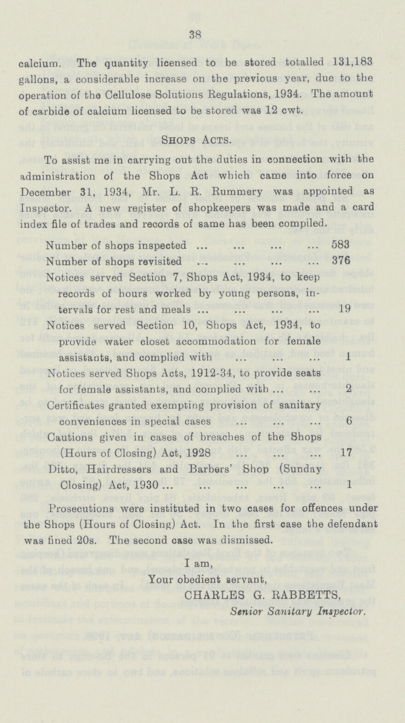 38 calcium. The quantity licensed to be stored totalled 131,183 gallons, a considerable increase on the previous year, due to the operation of the Cellulose Solutions Regulations, 1934. The amount of carbide of calcium licensed to be stored was 12 cwt. Shops Acts. To assist me in carrying out the duties in connection with the administration of the Shops Act which came into force on December 31, 1934, Mr. L. R. Rummery was appointed as Inspector. A new register of shopkeepers was made and a card index file of trades and records of same has been compiled. Number of shops inspected 583 Number of shops revisited 376 Notices served Section 7, Shops Act, 1934, to keep records of hours worked by young persons, in tervals for rest and meals 19 Notices served Section 10, Shops Act, 1934, to provide water closet accommodation for female assistants, and complied with 1 Notices served Shops Acts, 1912-34, to provide seats for female assistants, and complied with 2 Certificates granted exempting provision of sanitary conveniences in special cases 6 Cautions given in cases of breaches of the Shops (Hours of Closing) Aot, 1928 17 Ditto, Hairdressers and Barbers' Shop (Sunday Closing) Act, 1930 1 Prosecutions were instituted in two cases for offences under the Shops (Hours of Closing) Act. In the first case the defendant was fined 20s. The second case was dismissed. I am, Your obedient servant, CHARLES G. RABBETTS, Senior Sanitary Inspector.