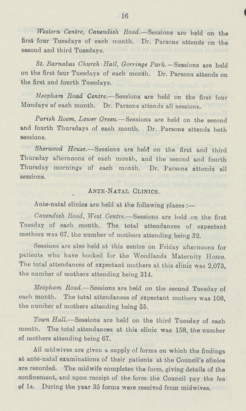 16 Western Centre, Cavendish Road.—Sessions are held on the first four Tuesdays of each month. Dr. Parsons attends on the second and third Tuesdays. St. Barnabas Church Hail, Gorringe Park.—Sessions are held on the first four Tuesdays of each month. Dr. Parsons attends on the first and fourth Tuesdays. Meopham Road Centre.—Sessions are held on the first four Mondays of each month. Dr. Parsons attends all sessions. Parish Room, Lower Green.—Sessions are held on the second and fourth Thursdays of each month. Dr. Parsons attends both sessions. Sherivood House.—Sessions are held on the first and third Thursday afternoons of each month, and the second and fourth Thursday mornings of each month. Dr. Parsons attends all sessions. Ante-Natal Clinics. Ante-natal clinics are held at the following places:— Cavendish Road, West Centre.—Sessions are held on the first Tuesday of each month. The total attendances of expectant mothers was 67, the number of mothers attending being 32. Sessions are also held at this centre on Friday afternoons for patients who have booked for the Woodlands Maternity Home. The total attendances of expectant mothers at this clinic was 2,073, the number of mothers attending being 314. Meopham Road.—Sessions are held on the second Tuesday of each month. The total attendances of expectant mothers was 108, the number of mothers attending being 55. Town Hall.—Sessions are held on the third Tuesday of each month. The total attendances at this clinic was 158, the number of mothers attending being 67. All midwives are given a supply of forms on which the findings at ante-natal examinations of their patients at the Council's clinics are recorded. The midwife completes the form, giving details of the confinement, and upon receipt of the form the Council pay the fee pf 1s, During the year 35 forms were received from midwives,