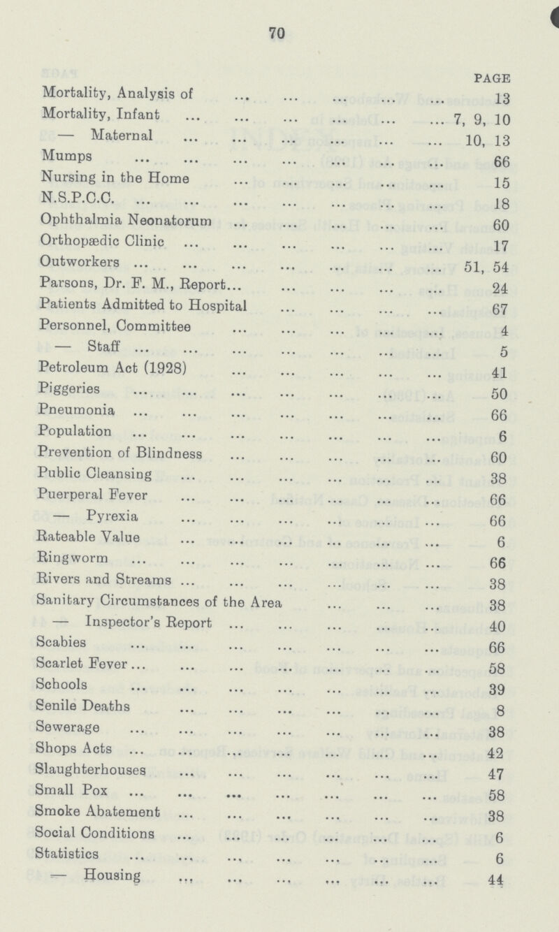 70 PAGE Mortality, Analysis of 13 Mortality, Infant 7, 9, 10 — Maternal 10, 13 Mumps 66 Nursing in the Home 15 N.S.P.C.C 18 Ophthalmia Neonatorum 60 Orthopaedic Clinic 17 Outworkers 51, 54 Parsons, Dr. F. M., Report 24 Patients Admitted to Hospital 67 Personnel, Committee 4 — Staff 5 Petroleum Act (1928) 41 Piggeries 50 Pneumonia 66 Population 6 Prevention of Blindness 60 Public Cleansing 38 Puerperal Fever 66 — Pyrexia 66 Rateable Value 6 Ringworm 66 Rivers and Streams 38 Sanitary Circumstances of the Area 38 — Inspector's Report 40 Scabies 66 Scarlet Fever 58 Schools 39 Senile Deaths 8 Sewerage 38 Shops Acts 42 Slaughterhouses 47 Small Pox 58 Smoke Abatement 38 Social Conditions 6 Statistics 6 - Housing 44