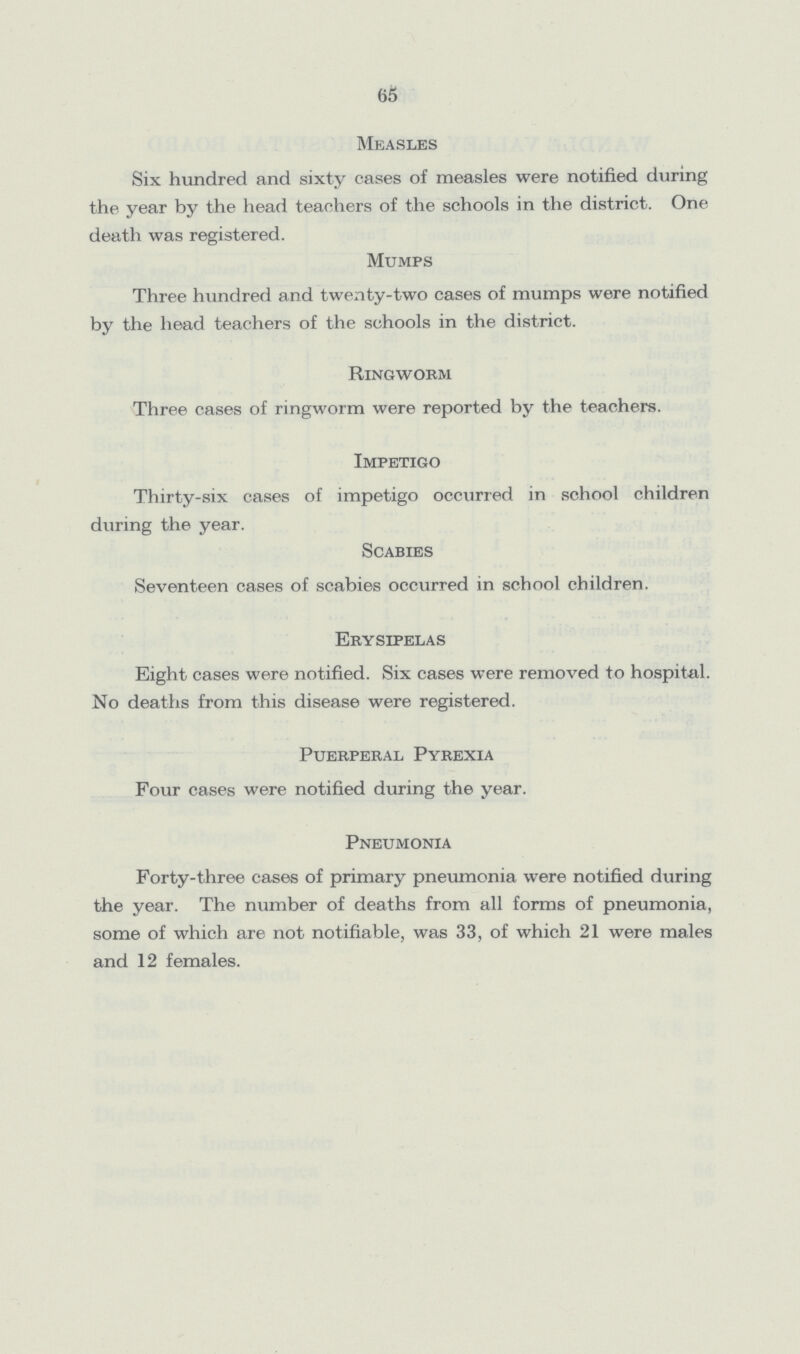 65 Measles Six hundred and sixty cases of measles were notified during the year by the head teachers of the schools in the district. One death was registered. Mumps Three hundred and twenty-two cases of mumps were notified by the head teachers of the schools in the district. Ringworm Three cases of ringworm were reported by the teachers. Impetigo Thirty-six cases of impetigo occurred in school children during the year. Scabies Seventeen cases of scabies occurred in school children. Erysipelas Eight cases were notified. Six cases were removed to hospital. No deaths from this disease were registered. Puerperal Pyrexia Four cases were notified during the year. Pneumonia Forty-three cases of primary pneumonia were notified during the year. The number of deaths from all forms of pneumonia, some of which are not notifiable, was 33, of which 21 were males and 12 females.