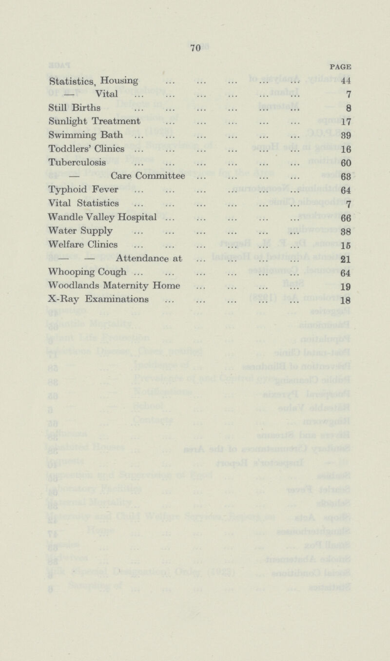 70 PAGE Statistics, Housing 44 — Vital 7 Still Births 8 Sunlight Treatment 17 Swimming Bath 89 Toddlers' Clinics 16 Tuberculosis 60 — Care Committee 68 Typhoid Fever 64 Vital Statistics 7 Wandle Valley Hospital 66 Water Supply 88 Welfare Clinics 16 — — Attendance at 21 Whooping Cough 64 Woodlands Maternity Home 19 X-Ray Examinations 18